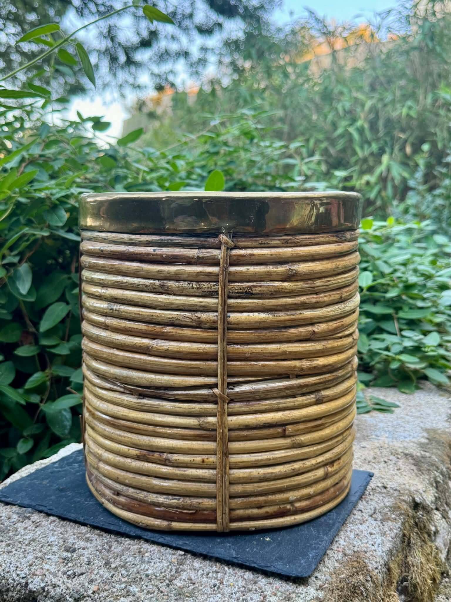 Large rattan basket brass Gabriella Crespi 1960s