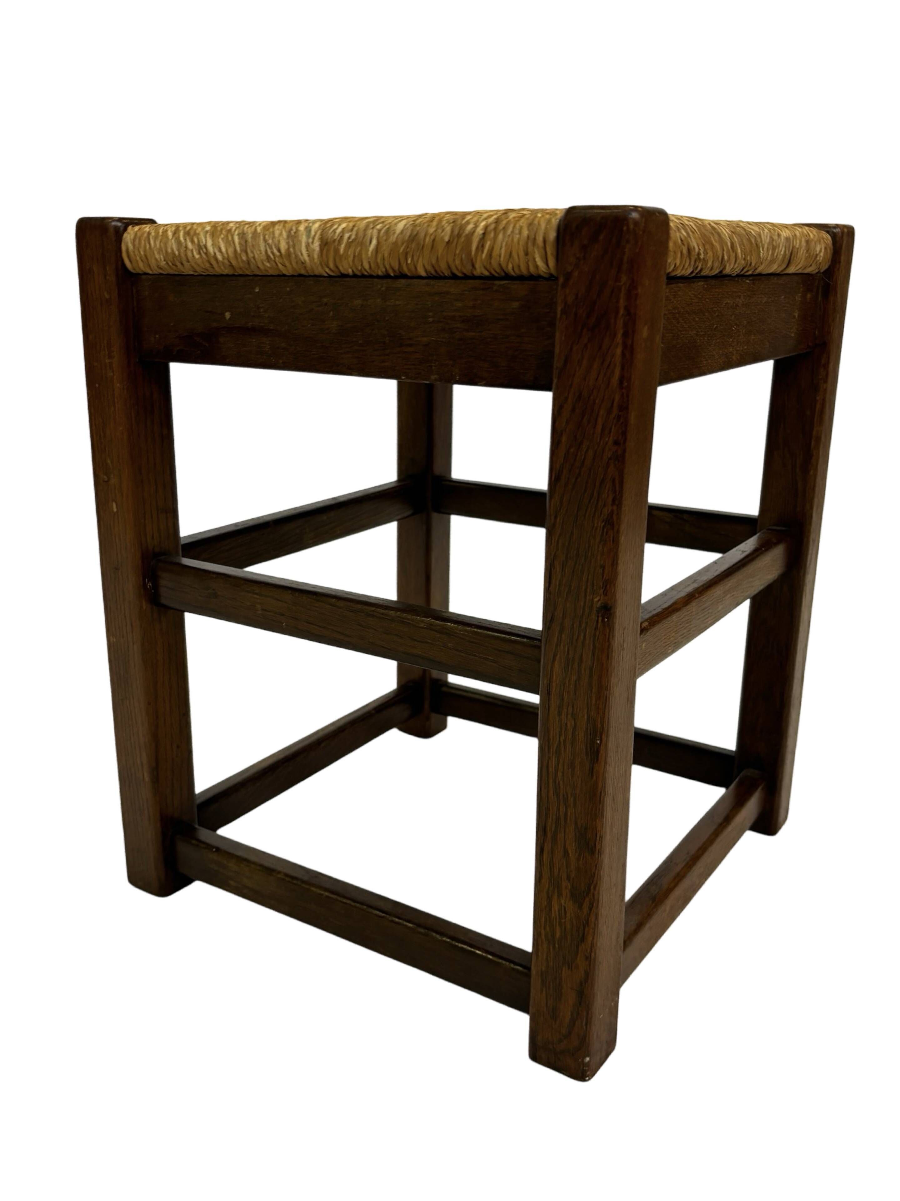 Vintage wooden stool straw seat 60s minimalist design