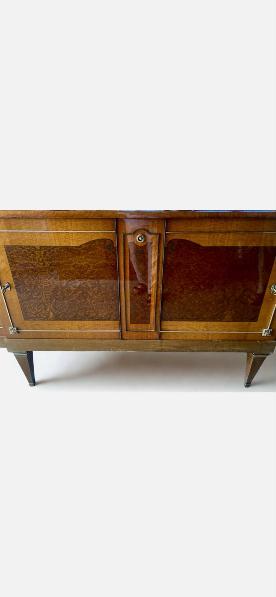 Satin wood sideboard, brass fittings — Mid-Century