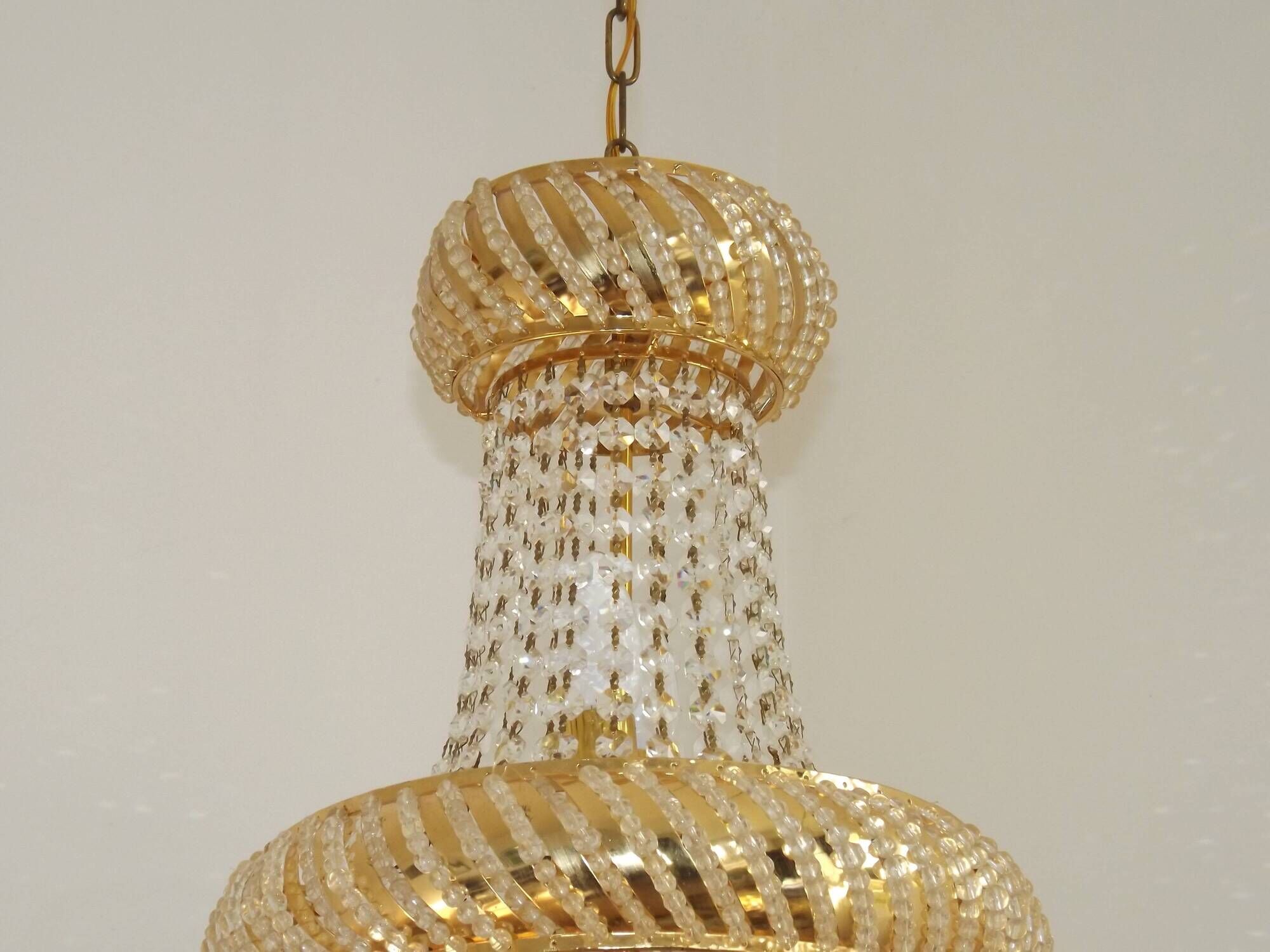 Vintage Gold Metal 5-Light Chandelier – Crystal Beads & Glass Prisms