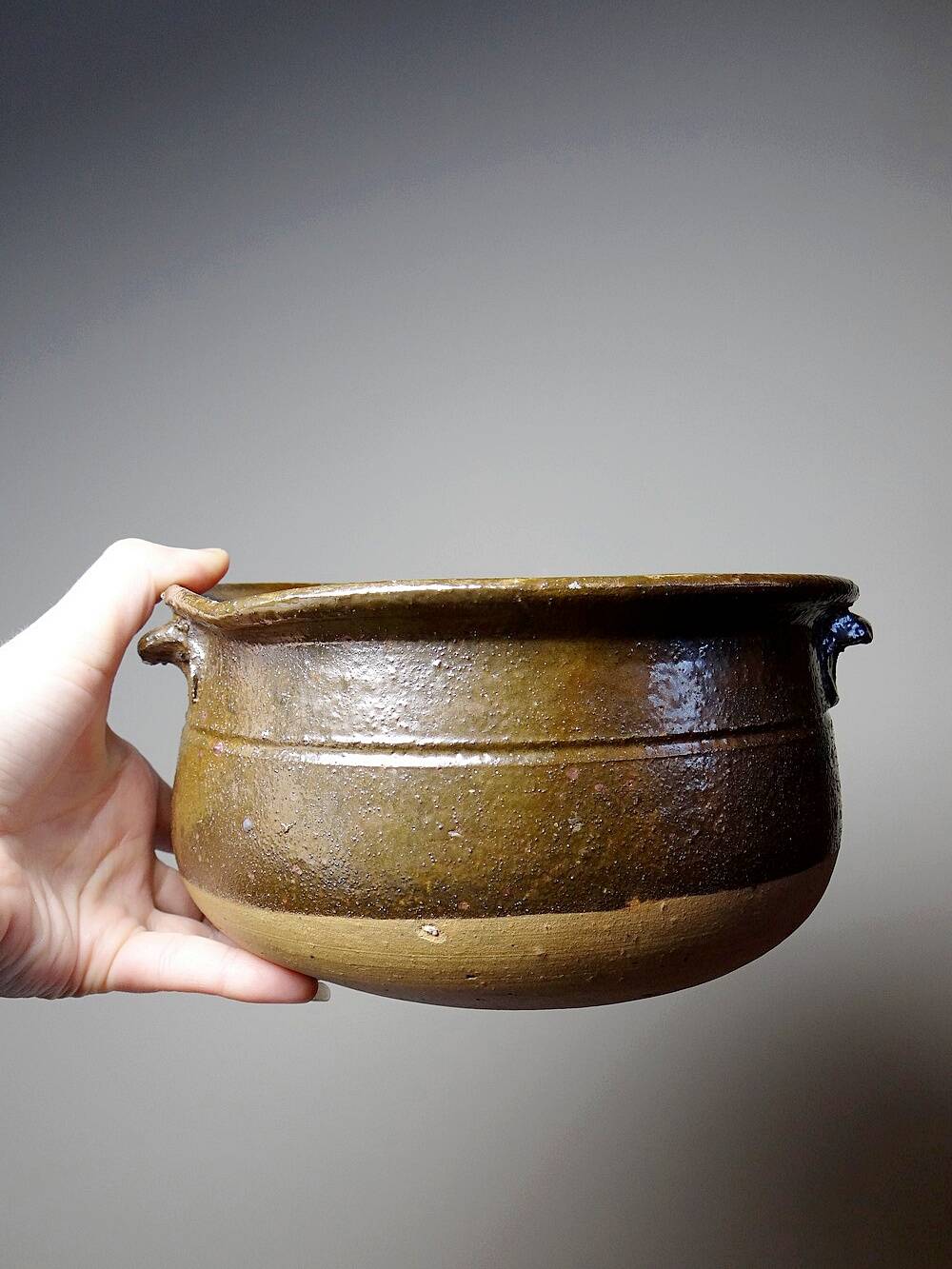 Antique 20th century enamelled Puisaye stoneware pot/bowl with ears