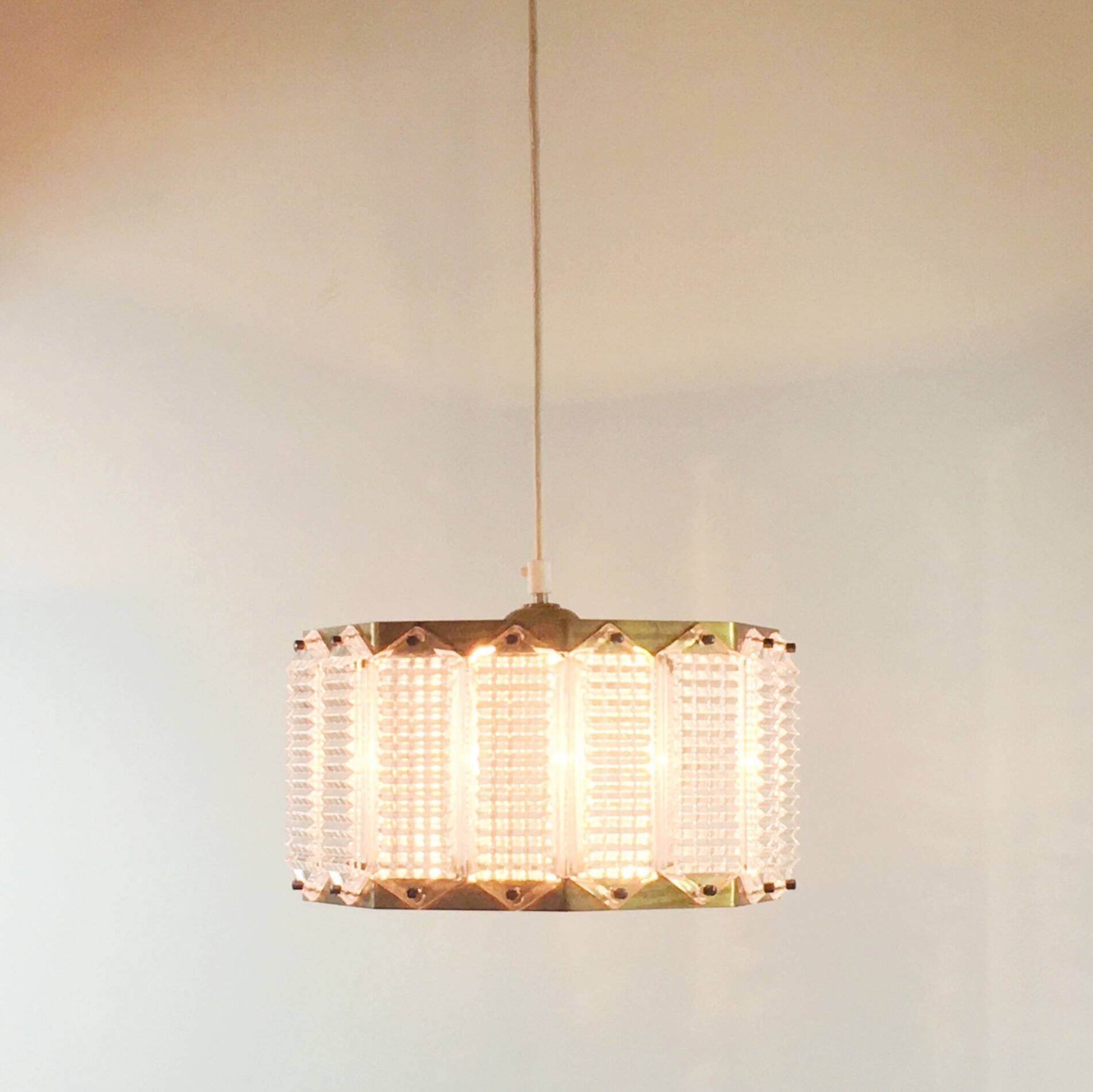 Mid-Century Scandinavian Glass & Brass Ceiling Light by Wiktor Berndt for Flygsfors, Sweden, 1960s