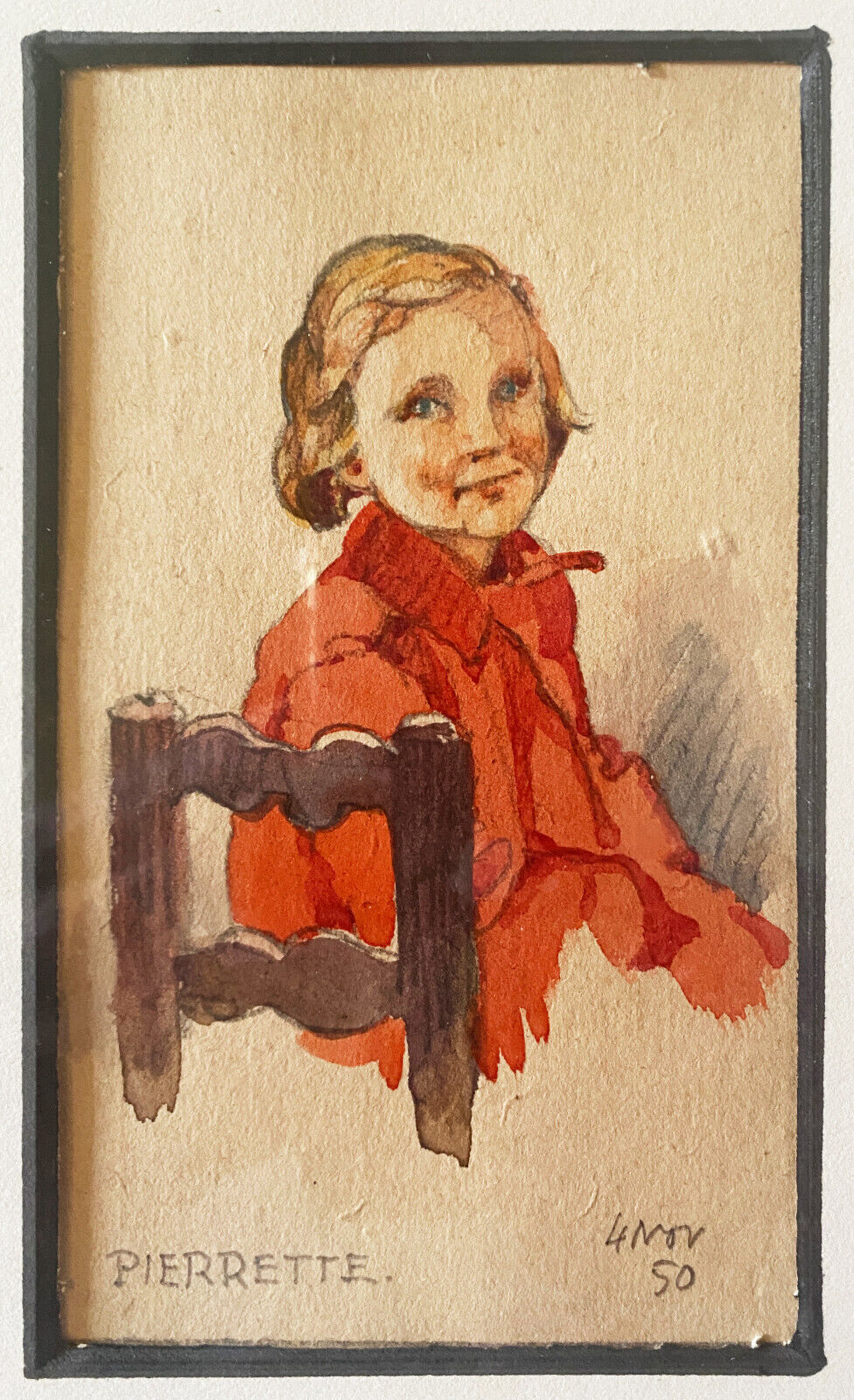 Watercolor painting "young girl" Pierrette dated 1950 and frame