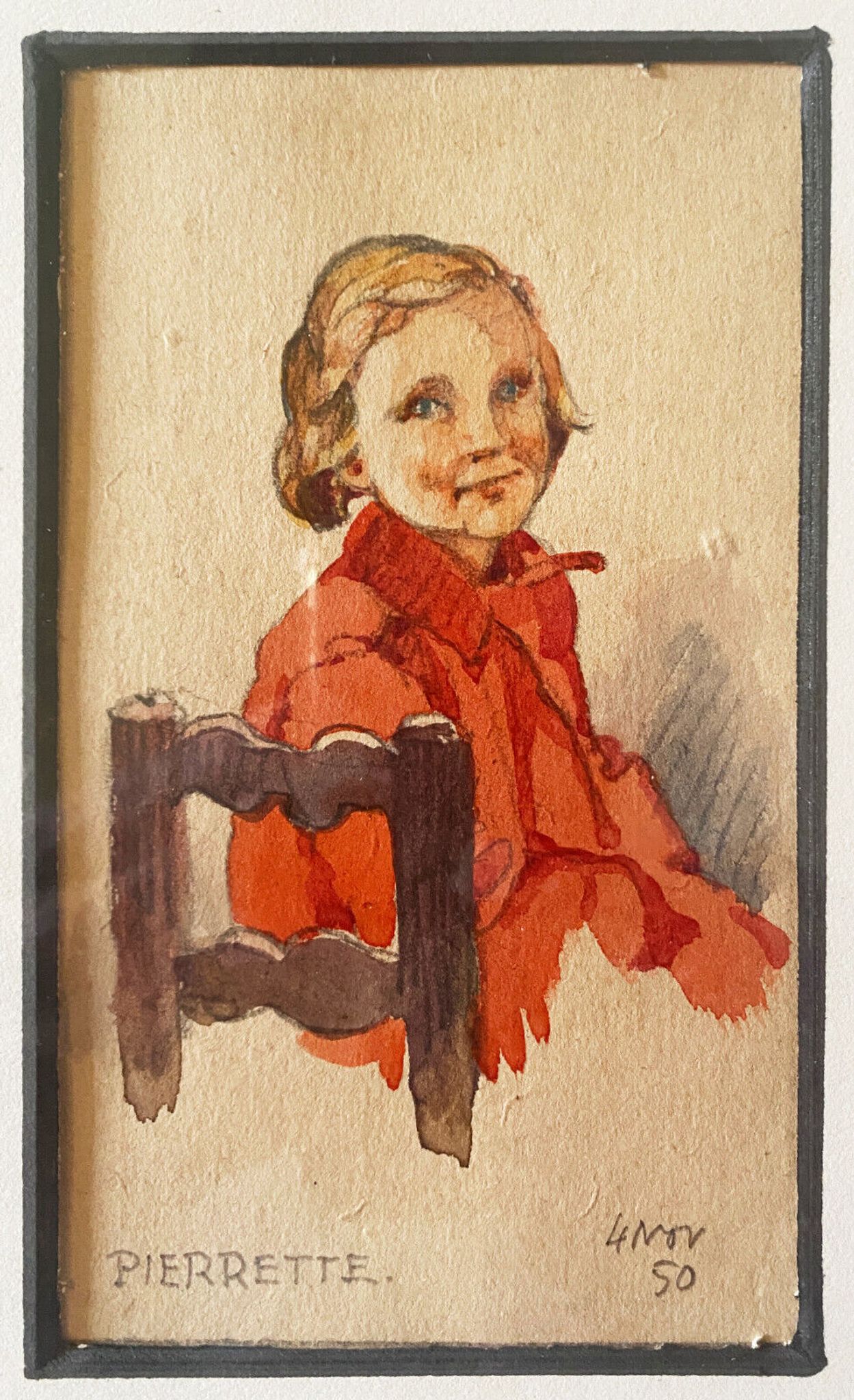 Watercolor painting "young girl" Pierrette dated 1950 and frame