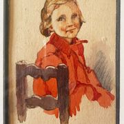 Watercolor painting "young girl" Pierrette dated 1950 and frame