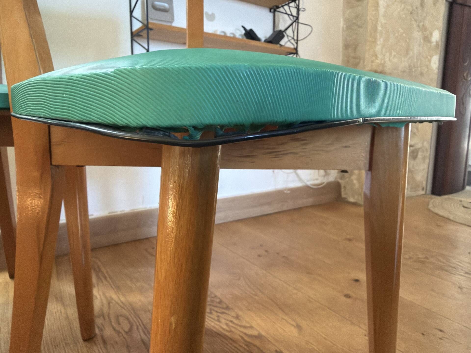 Set of 4 vintage chairs in blonde wood and turquoise faux leather – 1960s