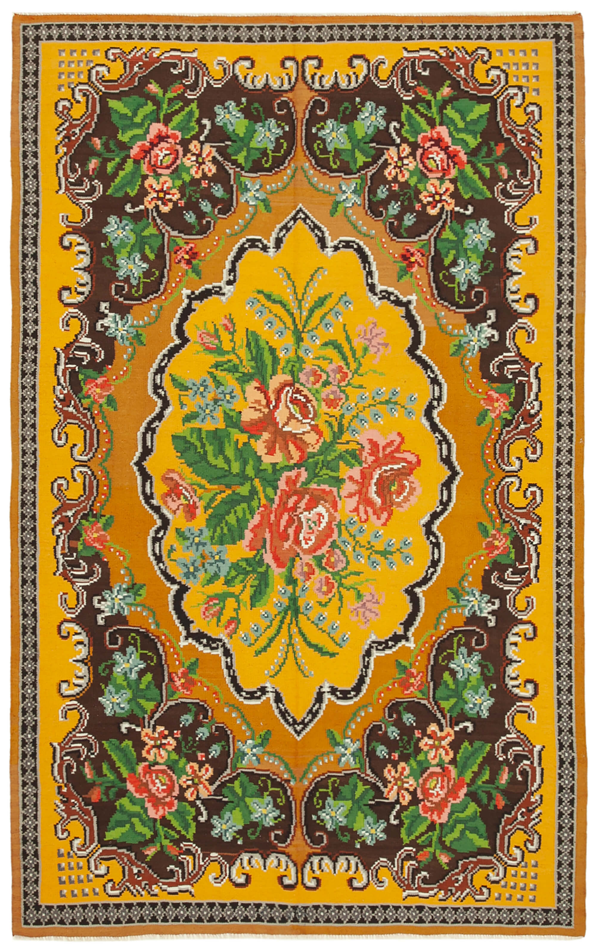 Handwoven vintage romanian yellow kilim 194 cm x 297 cm - 23432