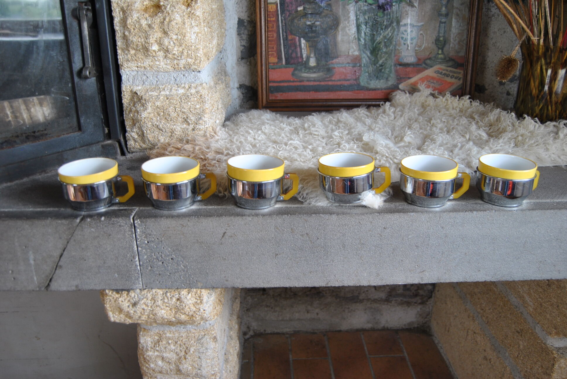 Series of 6 ceramic and stainless steel cups - 70s - Vintage