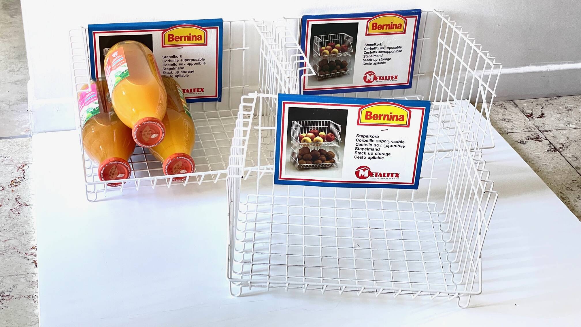 Trio of stackable steel wire baskets vintage italy