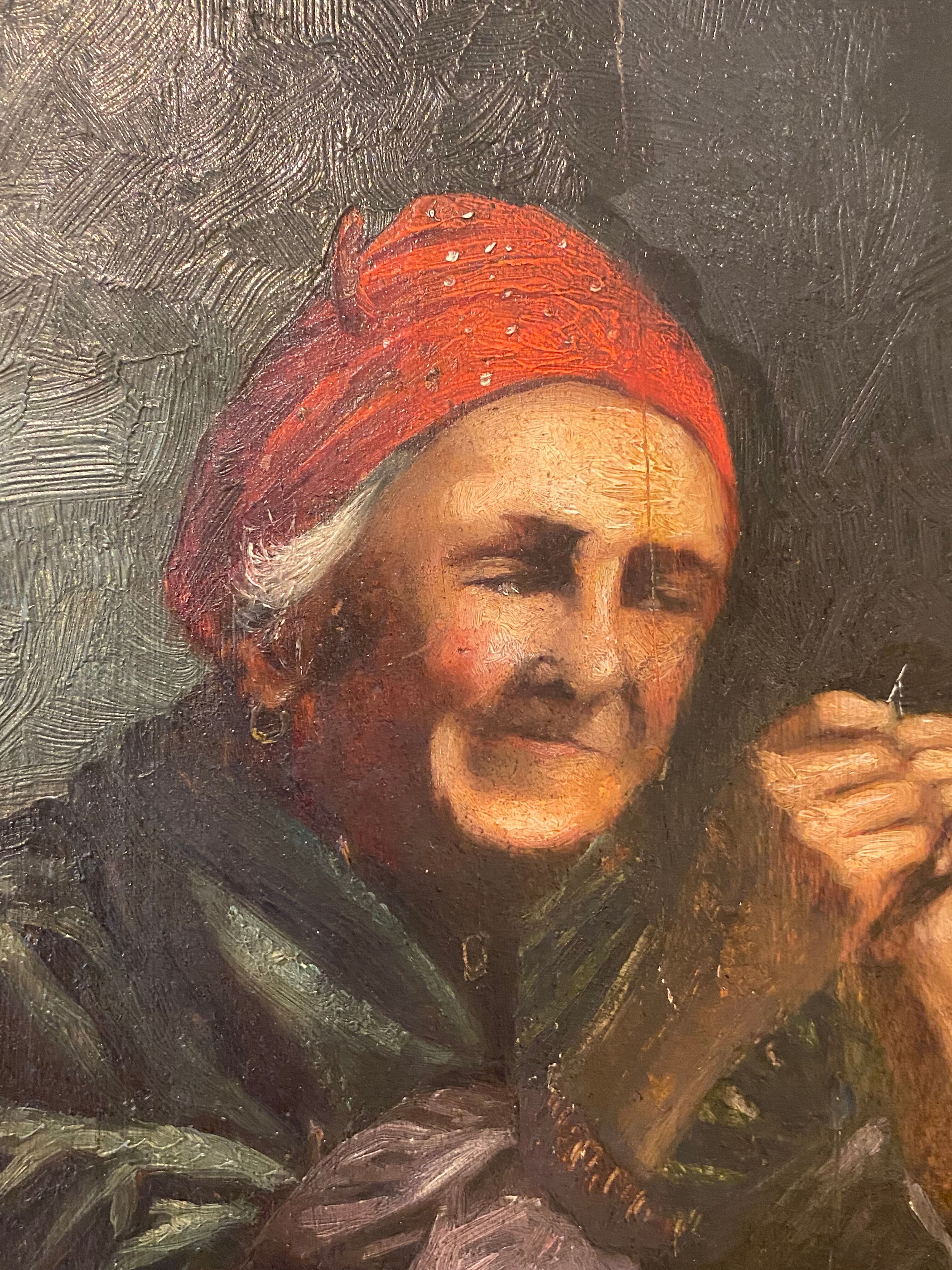 Old painting, the seamstress, signed L Cambedouzou and dated 1904
