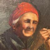 Old painting, the seamstress, signed L Cambedouzou and dated 1904