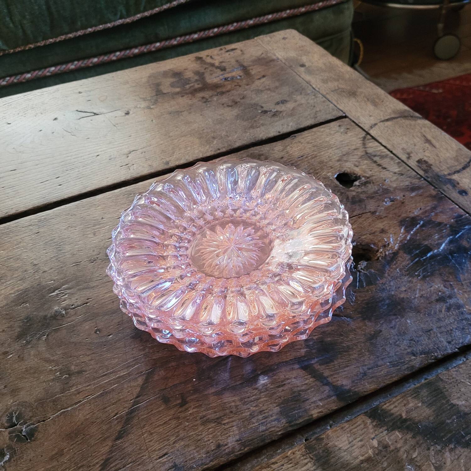 Art Deco Pressed Glass Dessert Plates in Pink — Circa 1930