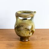 Amphore cruche à anse circulaire en grès émaillé vert - Travail Francais - Circa 1960