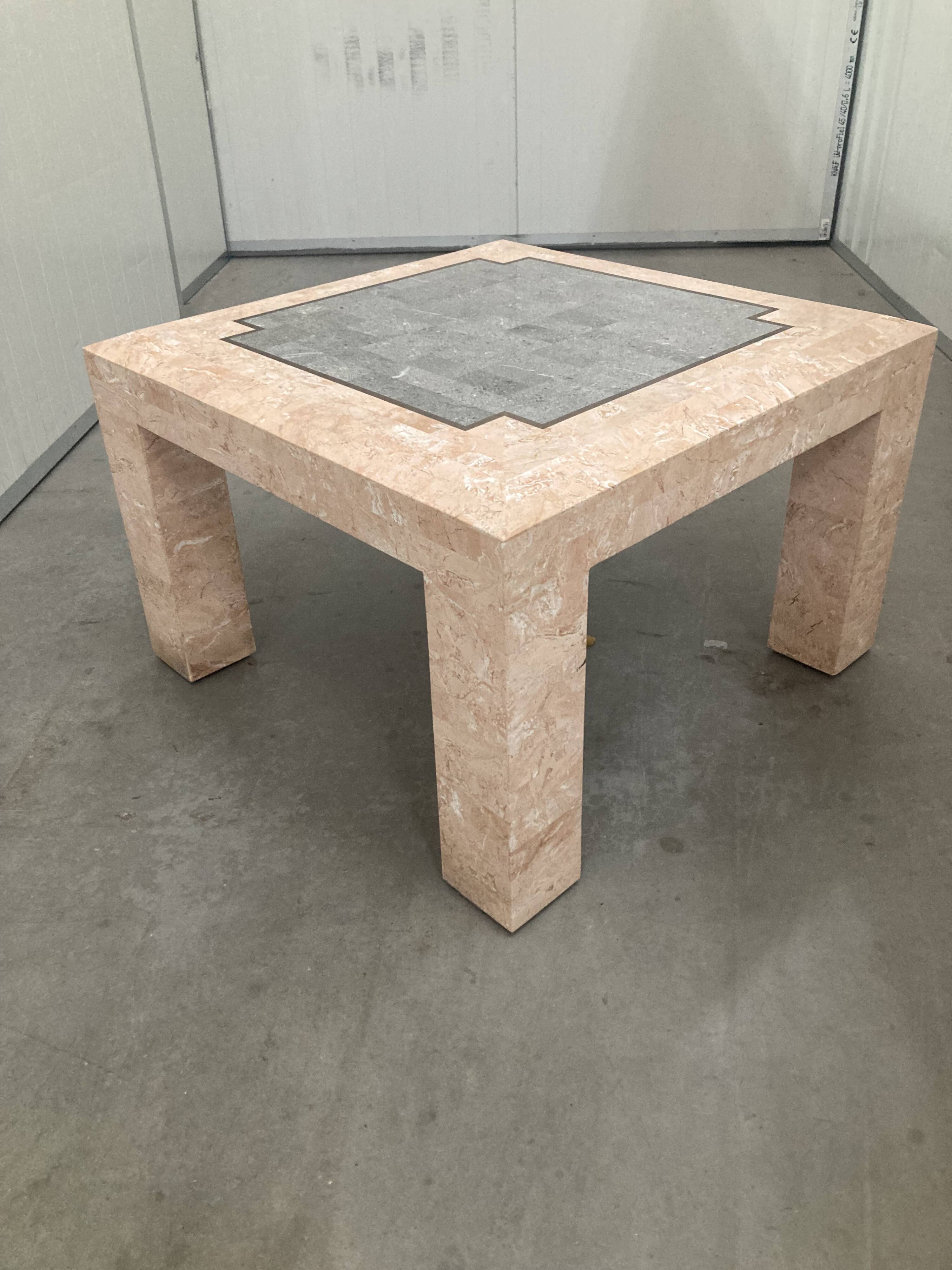 Marble mosaic coffee table '80, salmon and green with brass