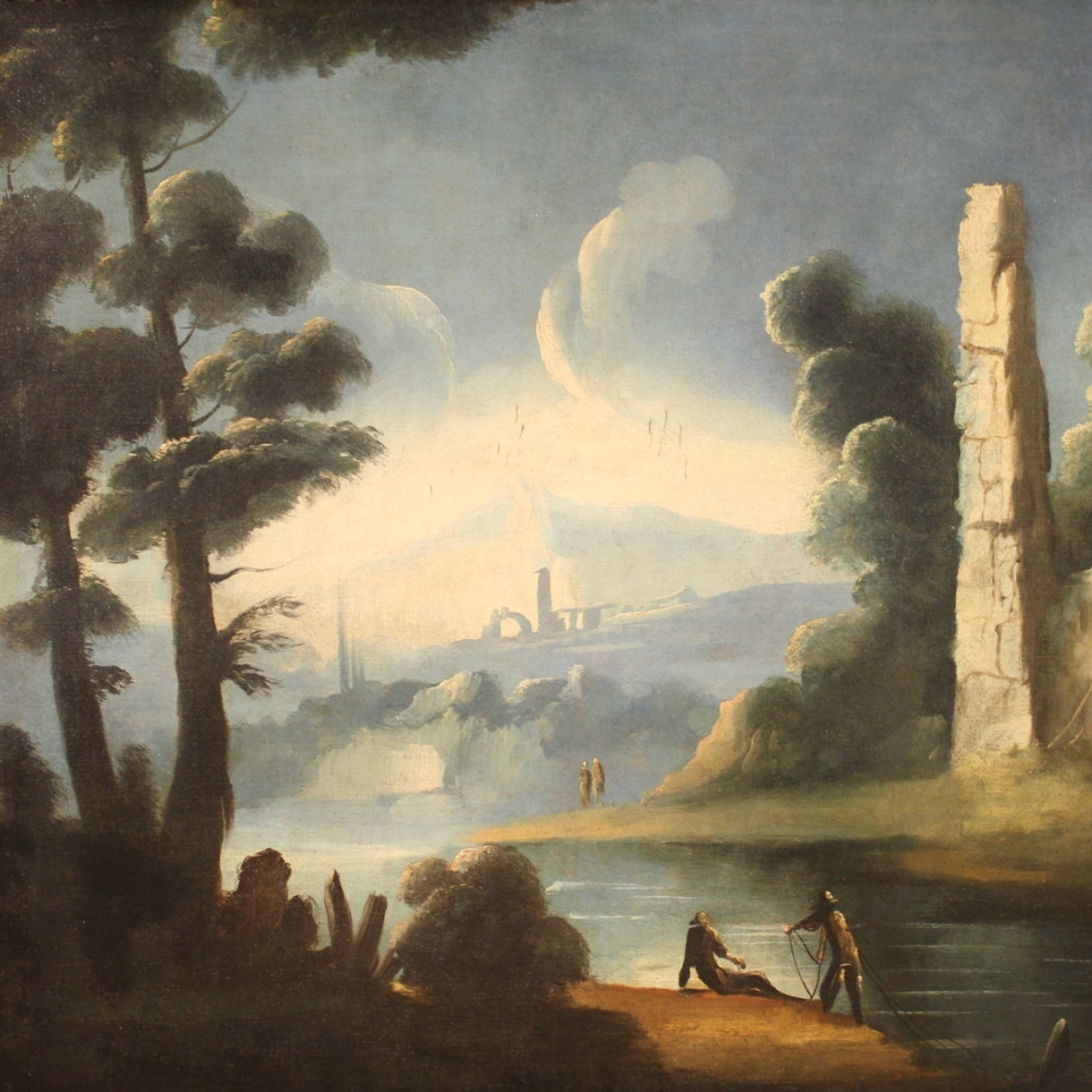 Antique painting river landscape with ruins and fishermen from the XVIIIth century