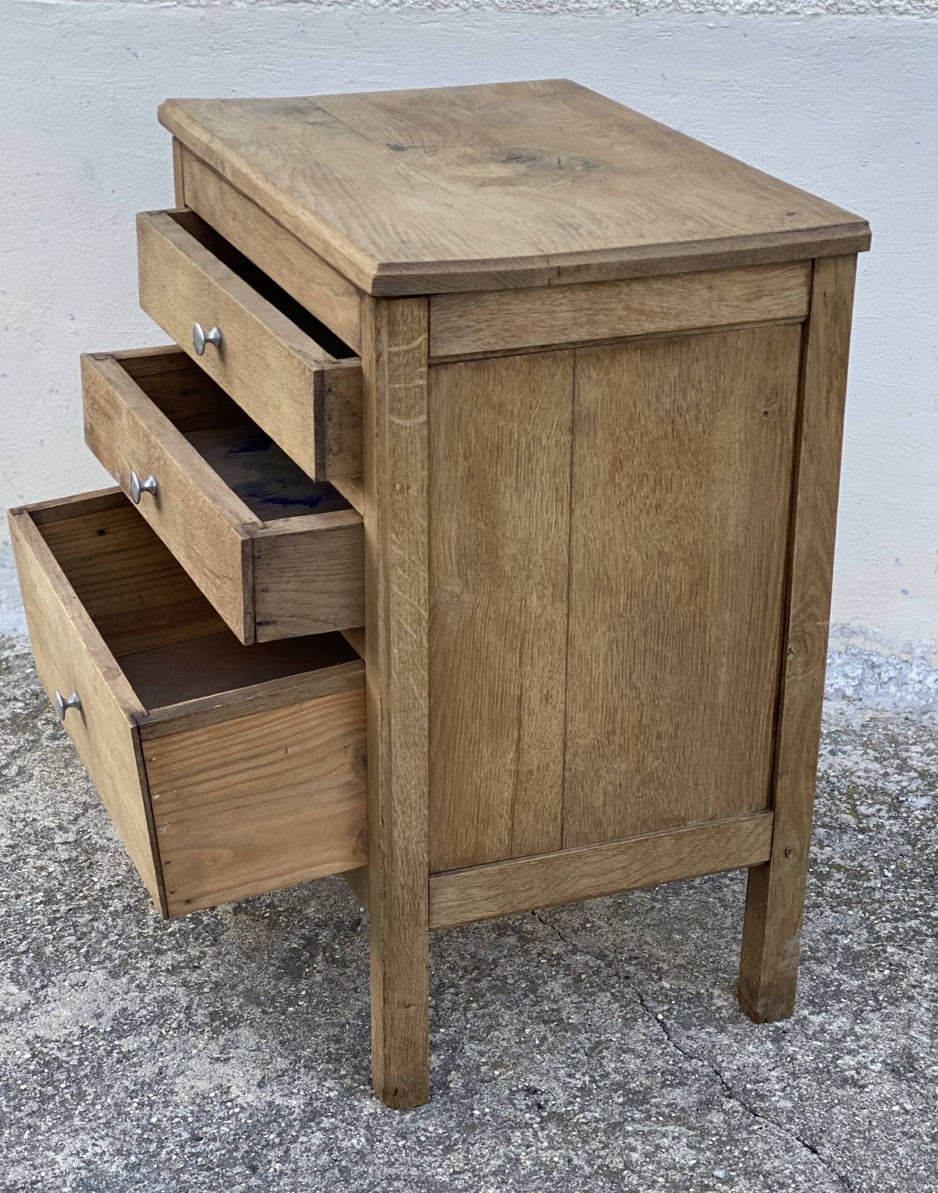 Small workshop cabinet with 3 stripped oak drawers.