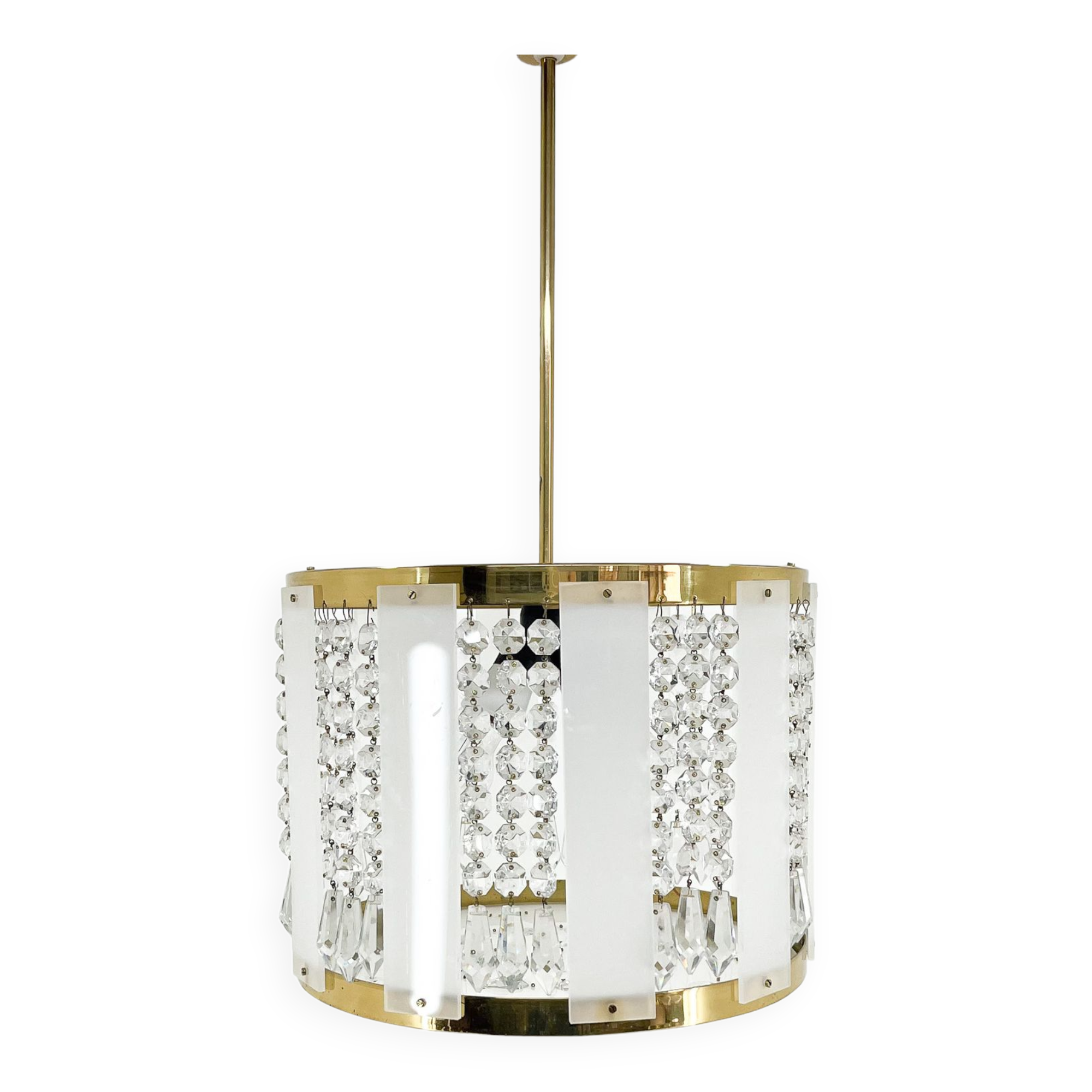 1970's Brass & Crystal Pendant Light by Novy Bydzov Glasswork, Czechoslovakia