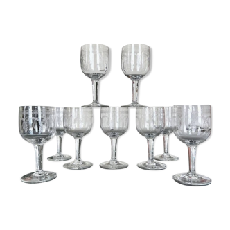 Verres Soufflés Gravés - Eau ou Vin - Service de Verres de Table - XIXe Siècle