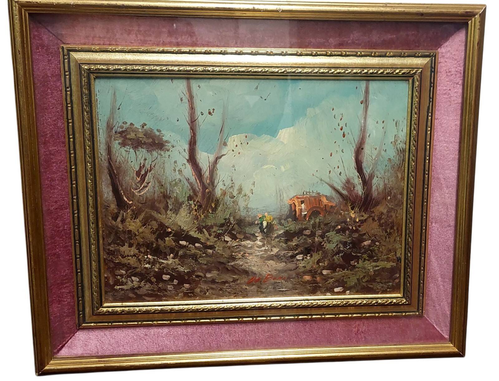 Oil painting on faesite landscape signed "DE BONI" 60s with frame