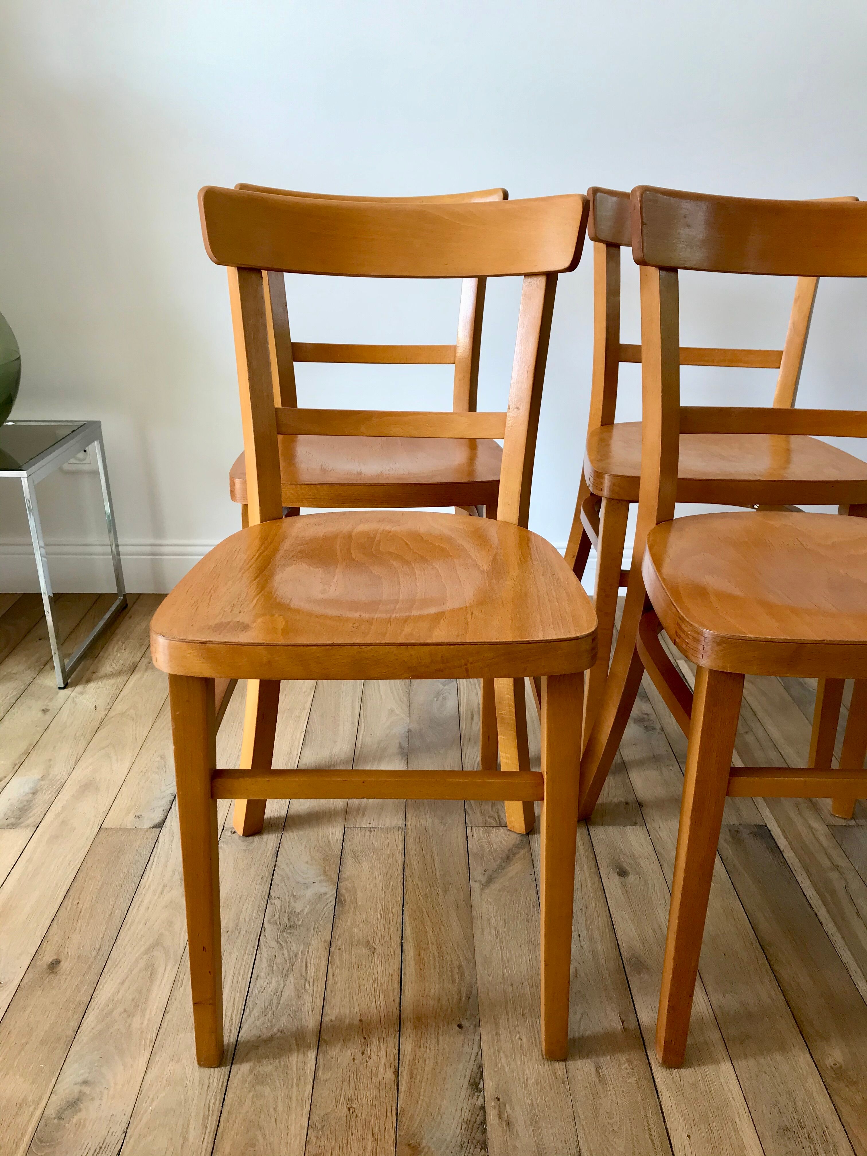 set of 4 Thonet bistro chairs in curved wood honey Mid-Century 50s