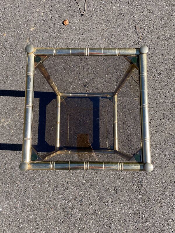 Guéridon carré faux bambou laiton doré et verre