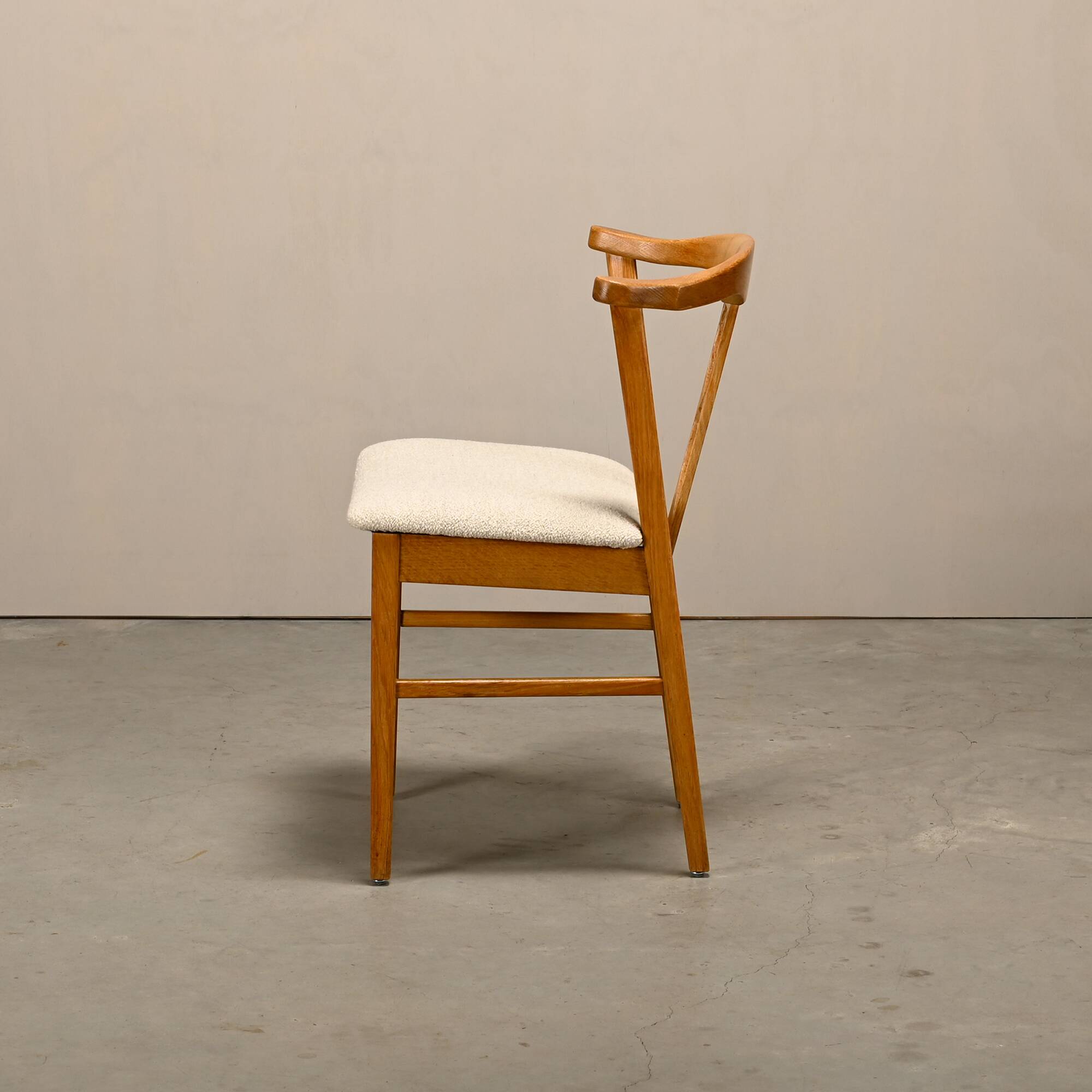 Brutalist Dining Chairs in style of Henning Kjærnulf in Oak and Bouclé