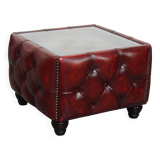 Red Cowhide Leather Chesterfield Side Table with Glass Top