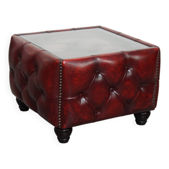 Red Cowhide Leather Chesterfield Side Table with Glass Top