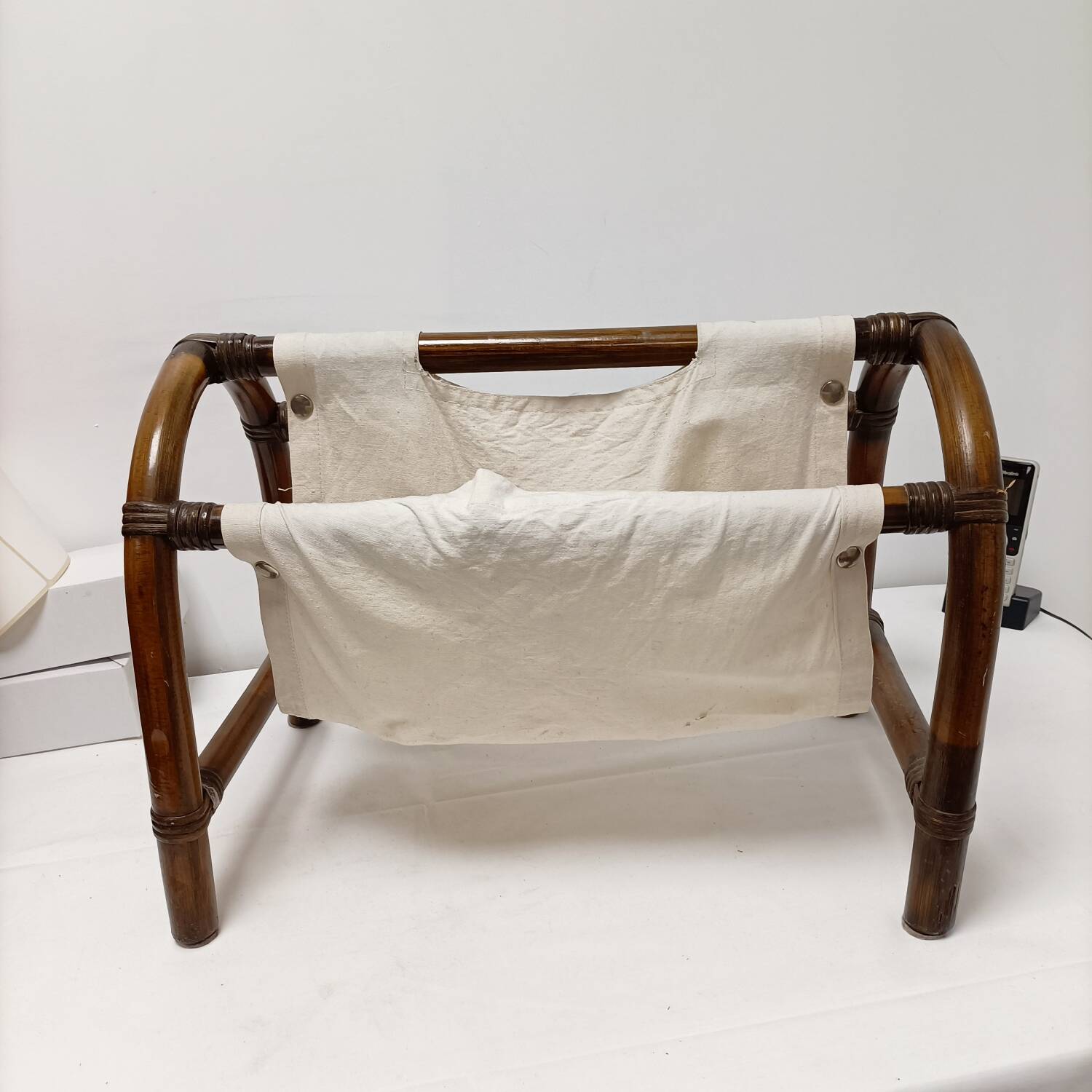 Bamboo and fabric magazine rack - vintage 70s bohemian rattan style