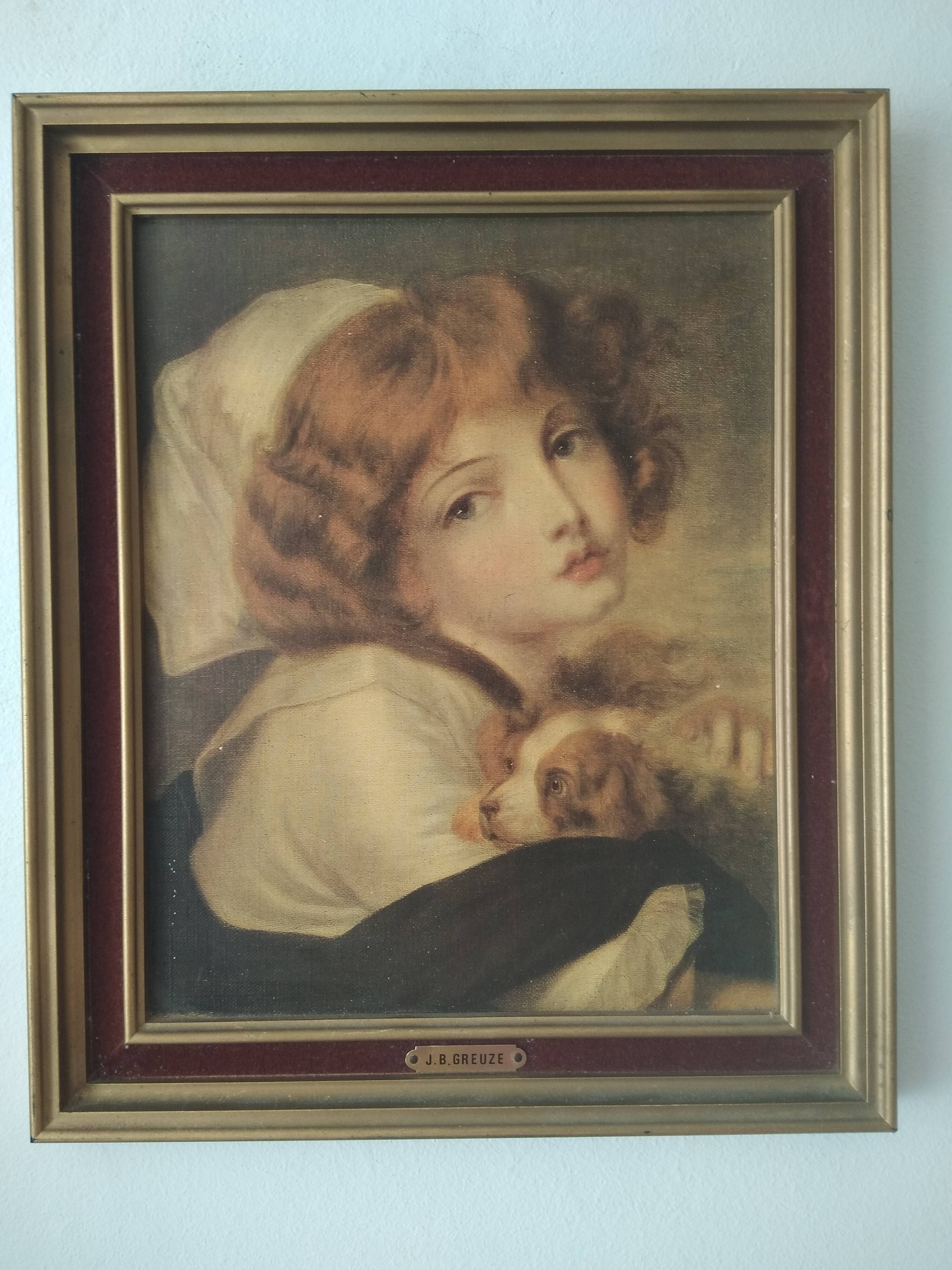 Table J B Greuze reproduction the little girl to the dog Frame 25 x 30.2 cm Back tapestry vel