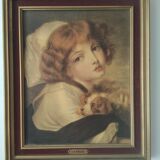 Table J B Greuze reproduction the little girl to the dog Frame 25 x 30.2 cm Back tapestry vel