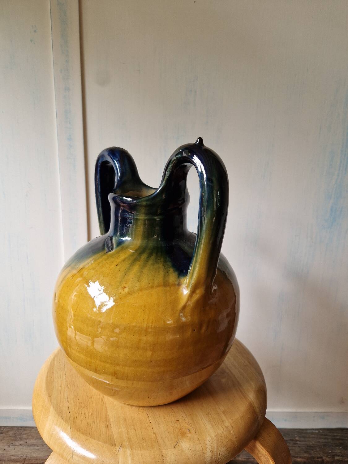 Pottery, jar, old jug in yellow and green glazed terracotta