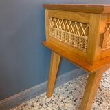 1950s wooden and rattan bedside table