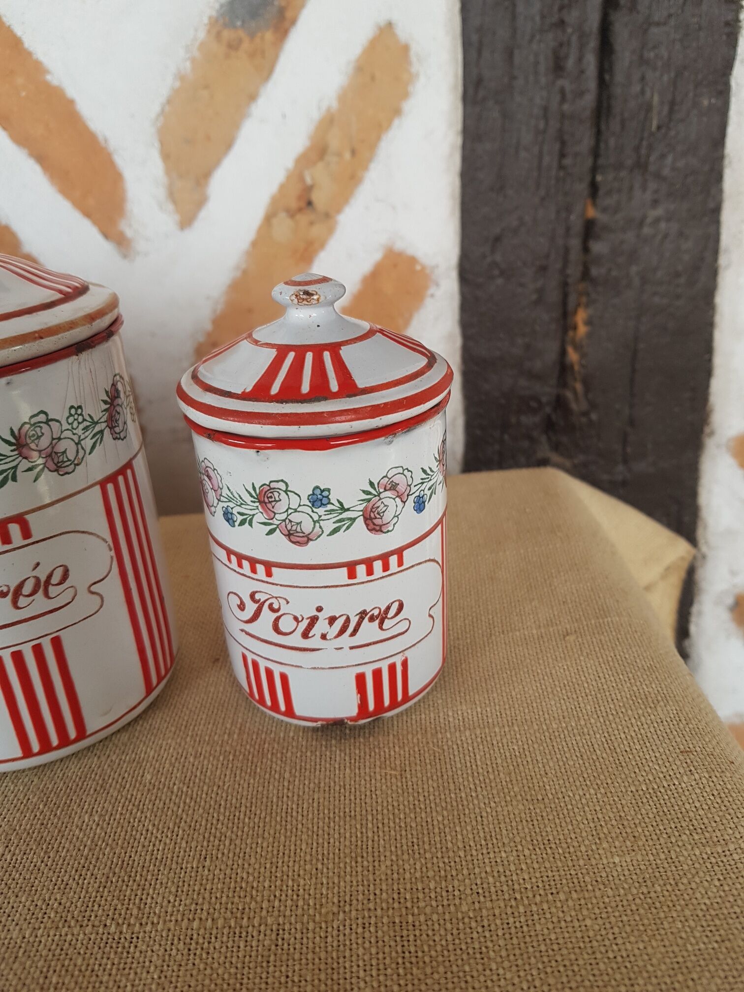 Old series of enamelled sheet metal spice pots