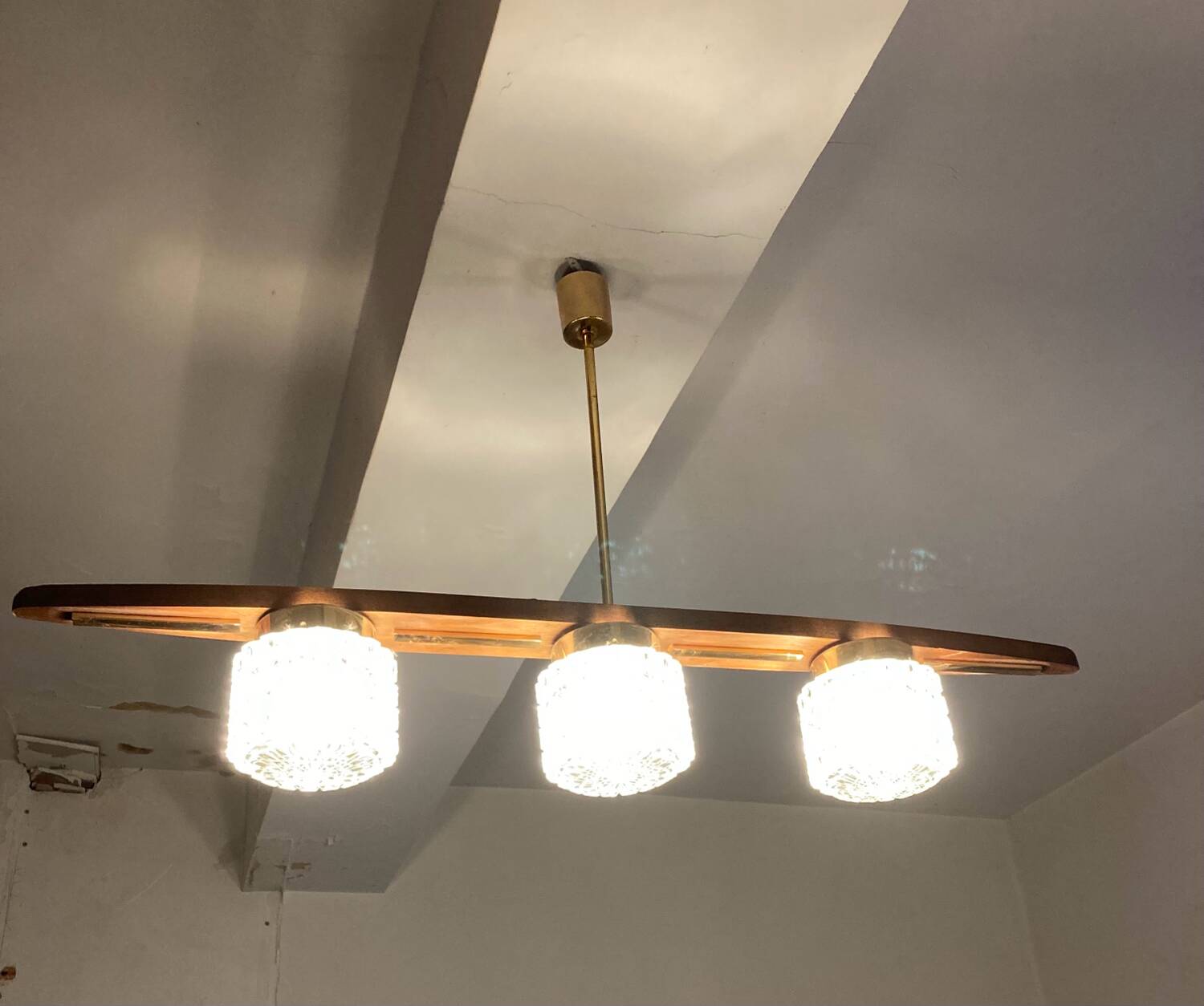Vintage teak, brass and glass chandelier
