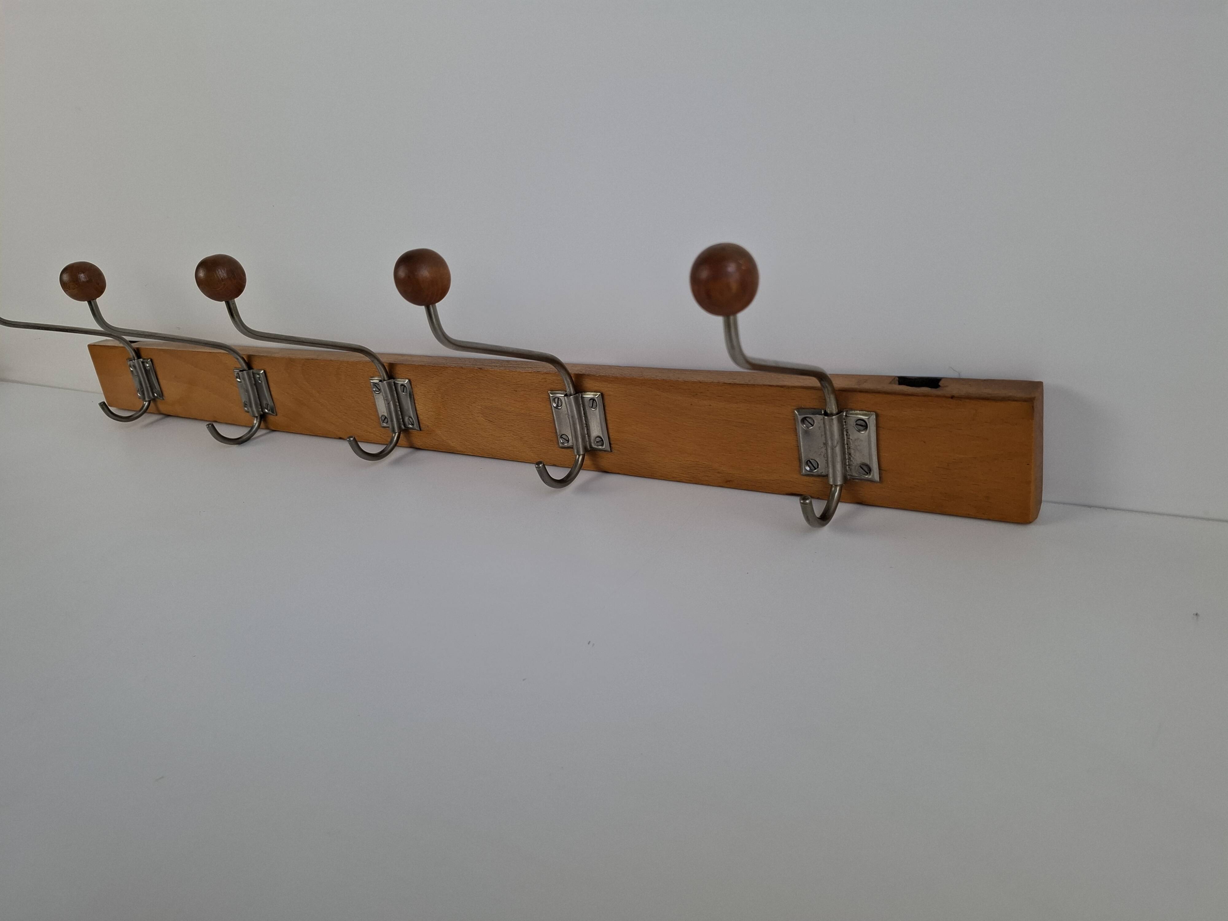 Czechoslovak Midcentury Wooden and Metal Wall Coat Rack, 1960s