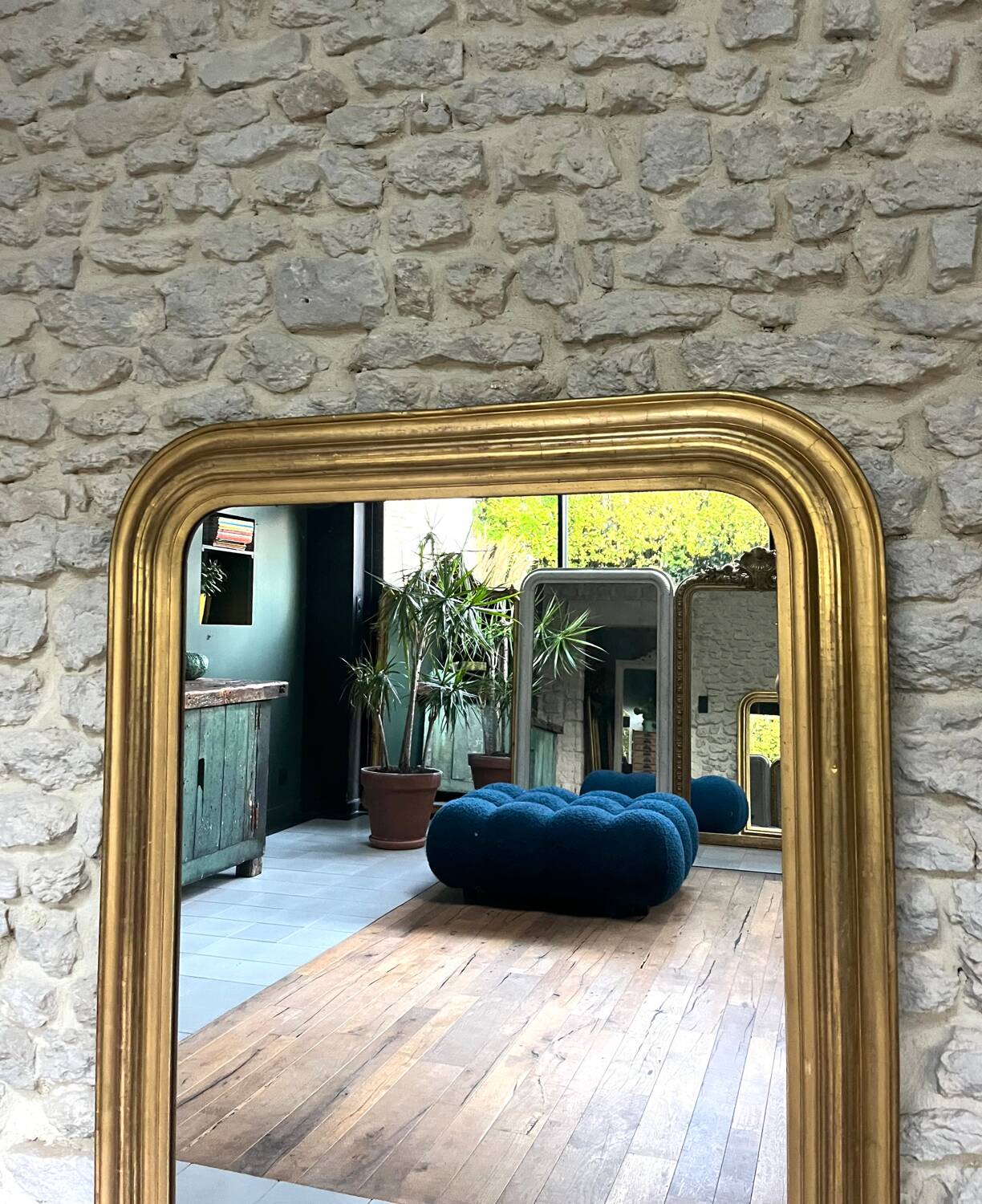 Antique mirror 136.5/98cm Louis-Philippe pearl-gilded with gold leaf.