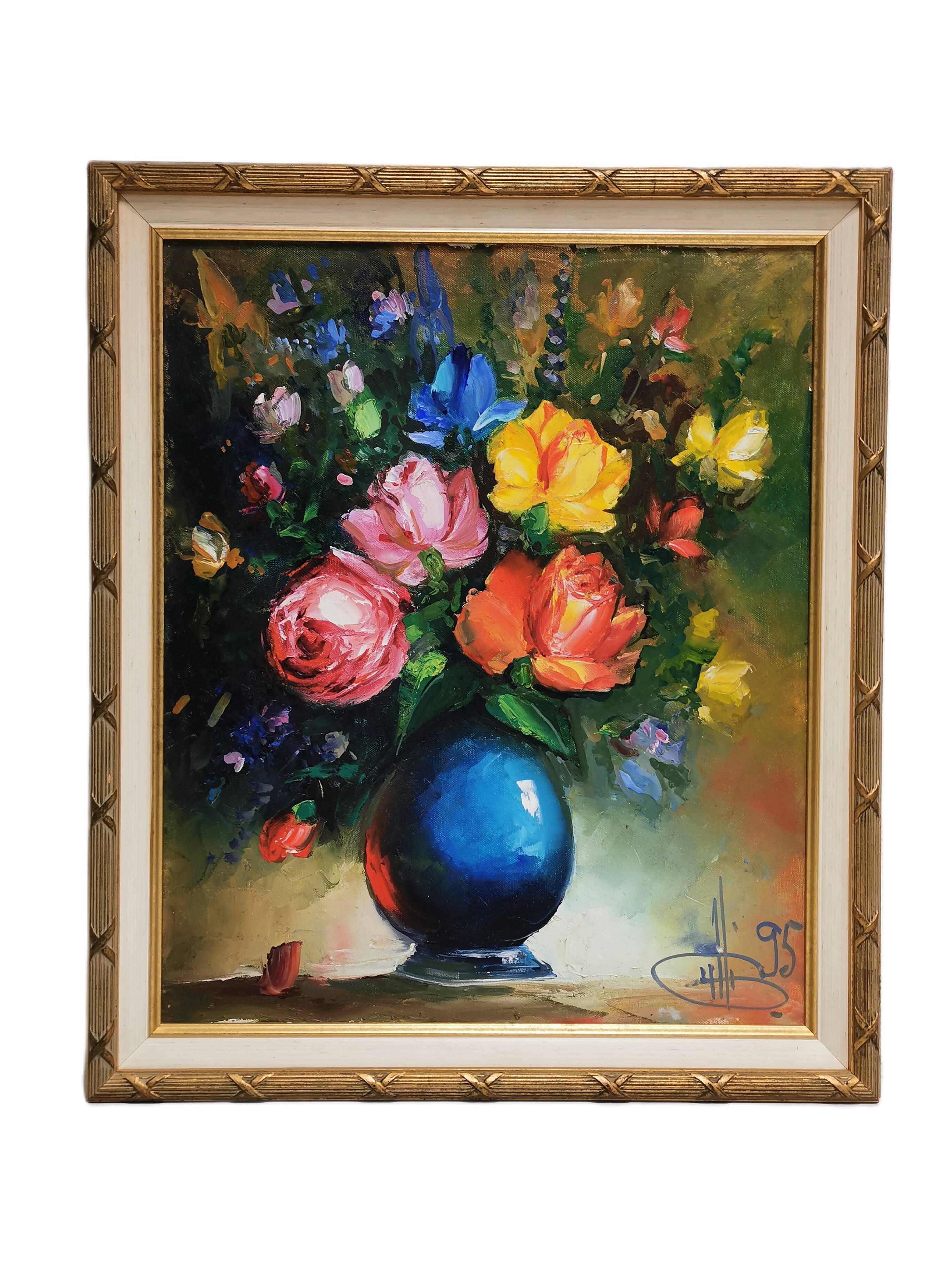 Painting / oil on canvas bouquet of flowers golden frame