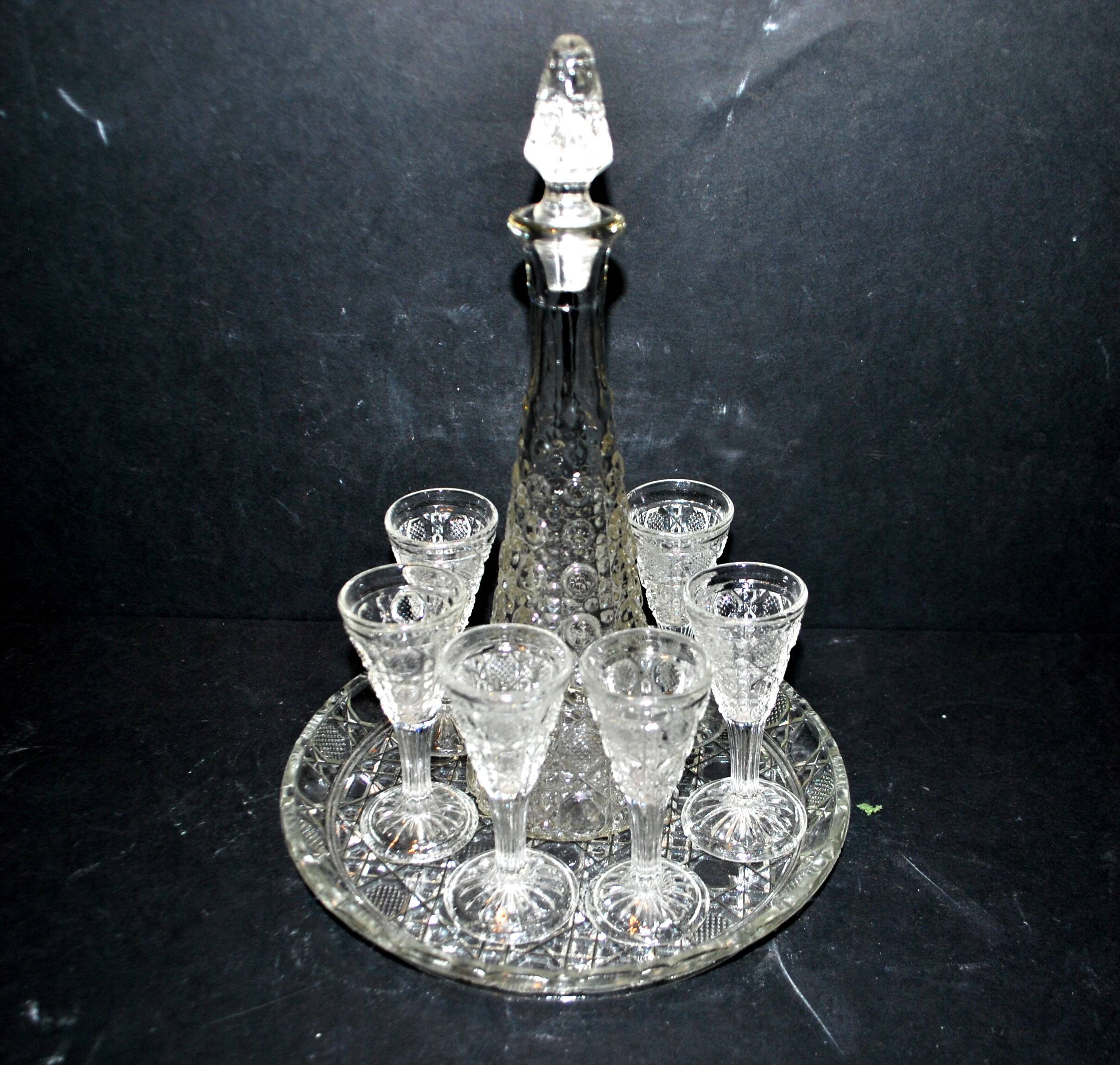 Old molded glass liqueur service GERMANY Fenne - set of 6 carafe glasses and tray