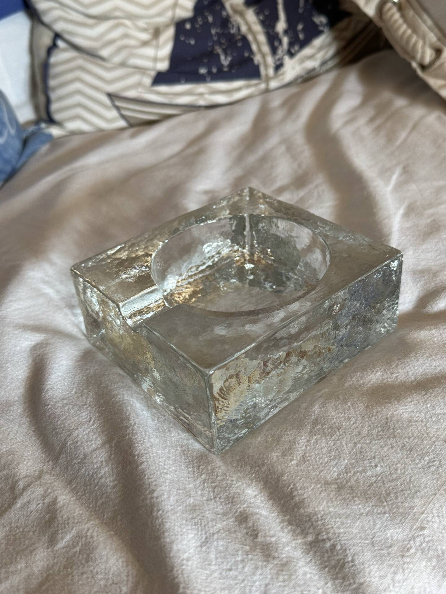 Scandinavian brutalist glass ashtray, minimalist design, 70s
