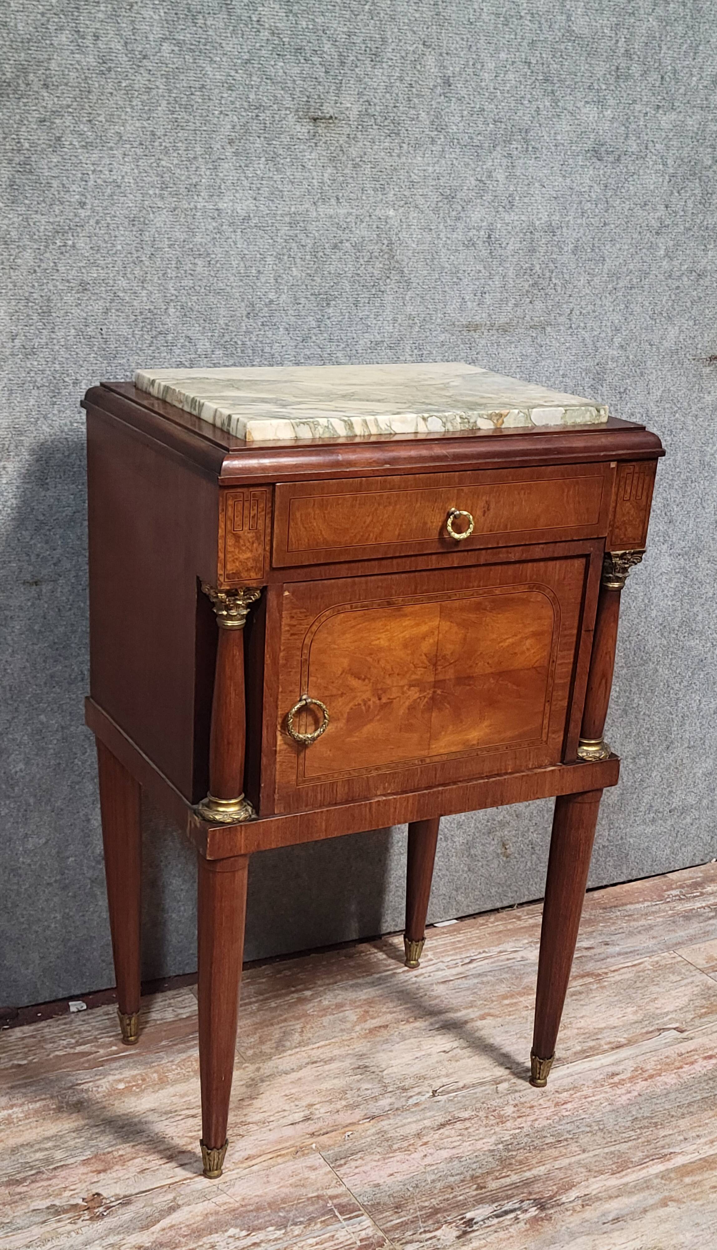 Empire/Restoration style bedside table, mahogany and burl