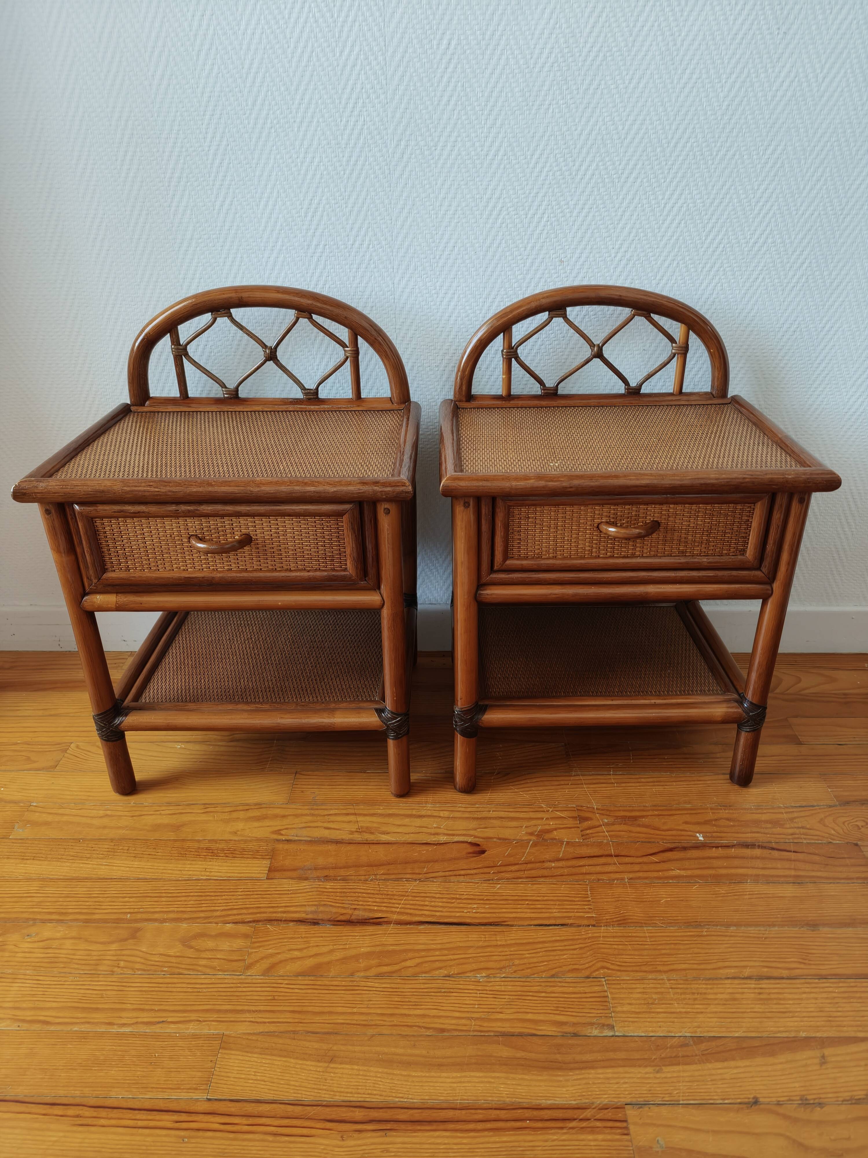 Pair of vintage rattan and cane bedside tables, 1970s