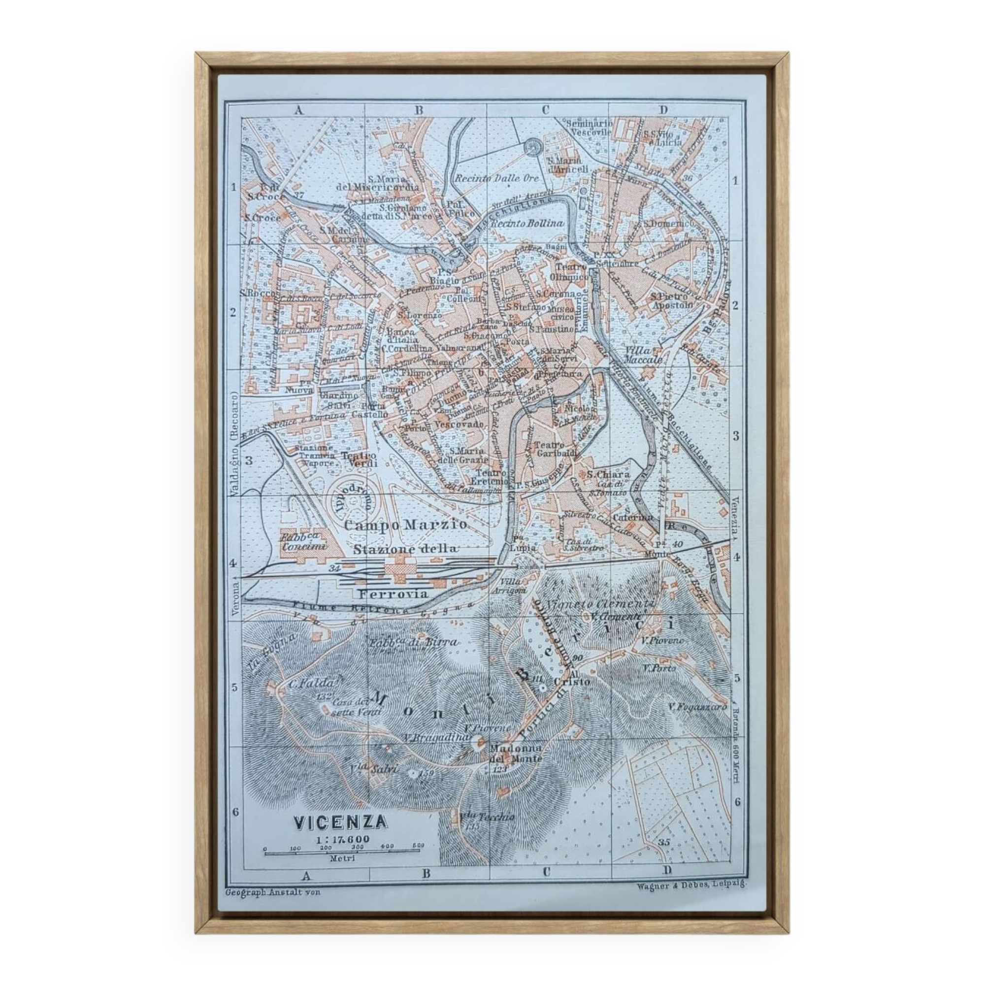 Vicenza, Italy, old map, printed in 1909. Authentic.