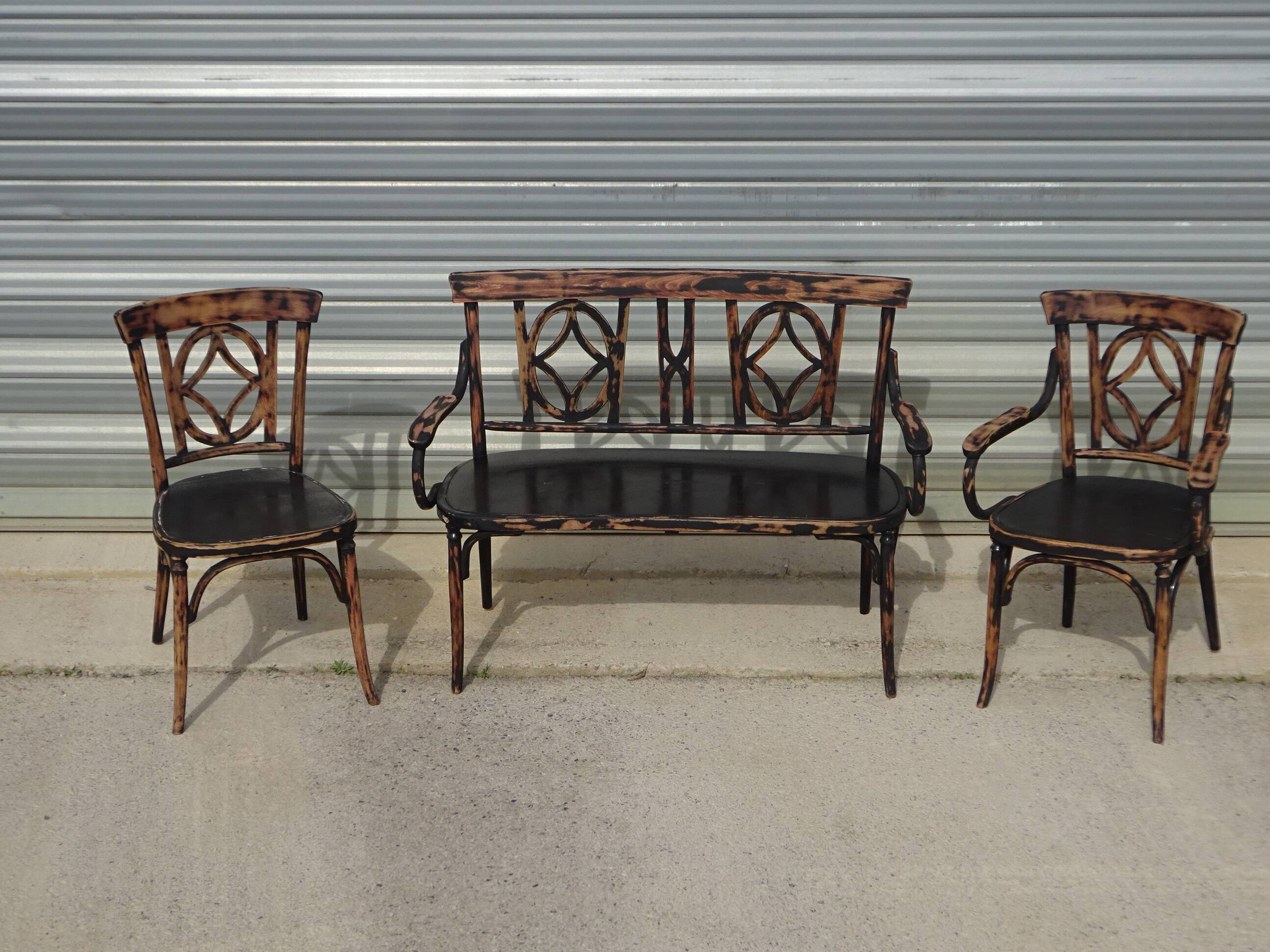 Baumann 1910s lounge, bench, armchair and bistro chair