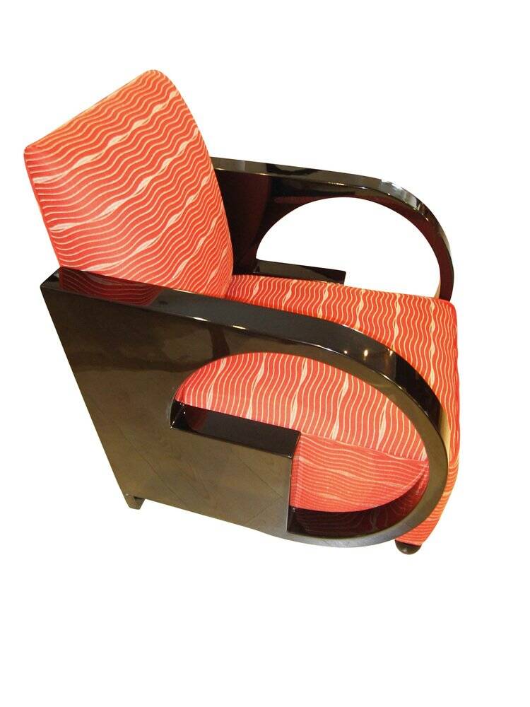 Art Deco Club Chair, Black Lacquer and Red Fabric, France circa 1930