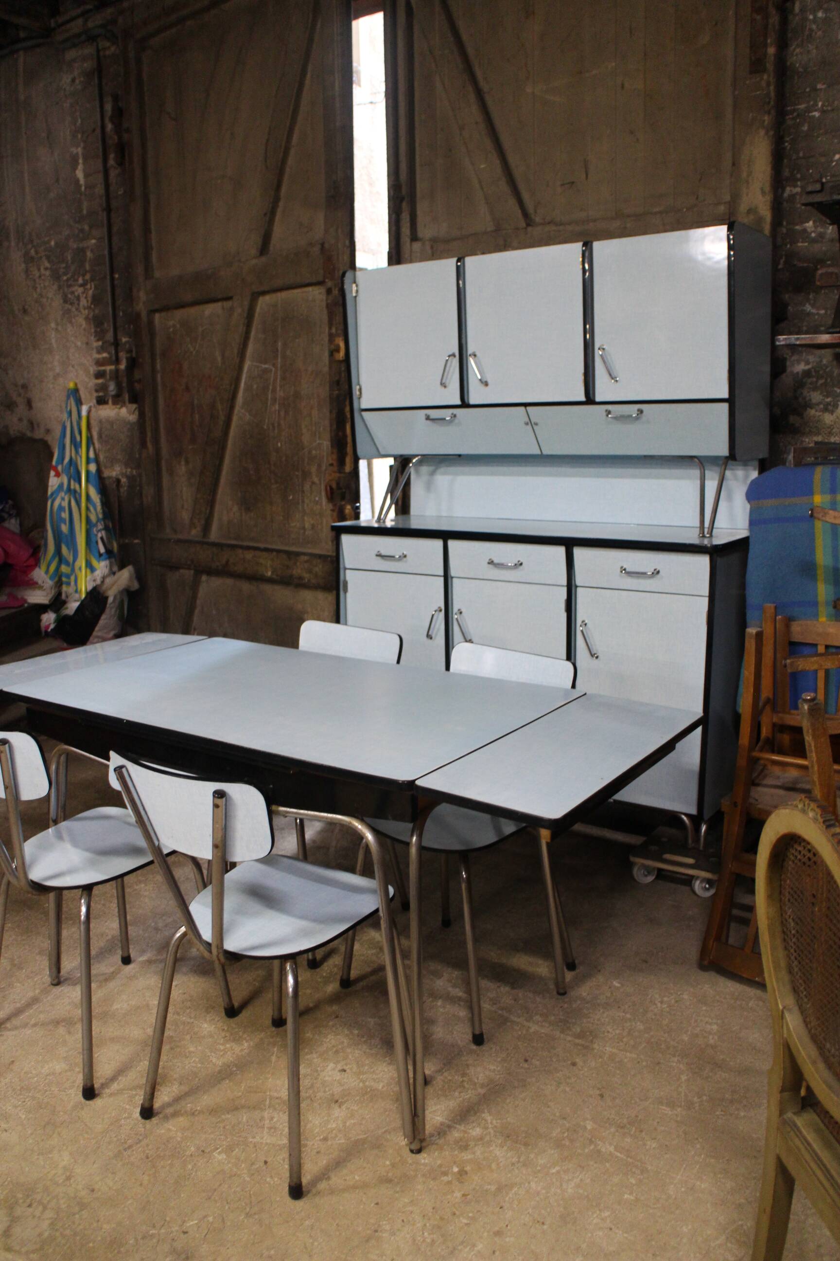 complete kitchen in blue formica buffet table and chairs
