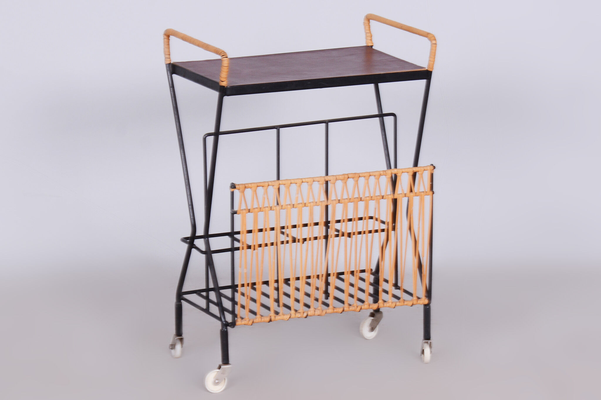 Original midcentury side table, metal, rattan, scandinavia, 1960s