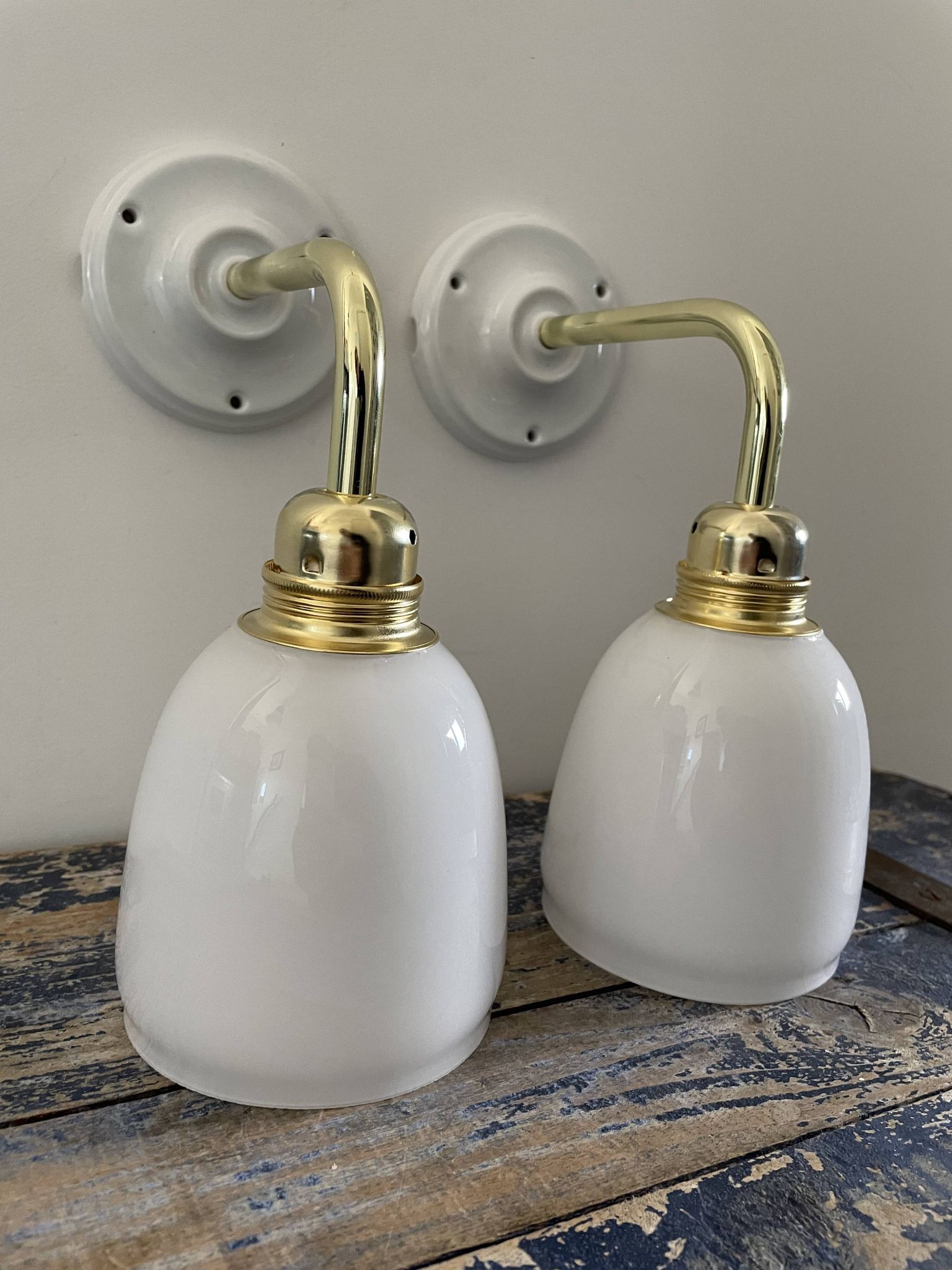 Pair of vintage white opaline sconces restored