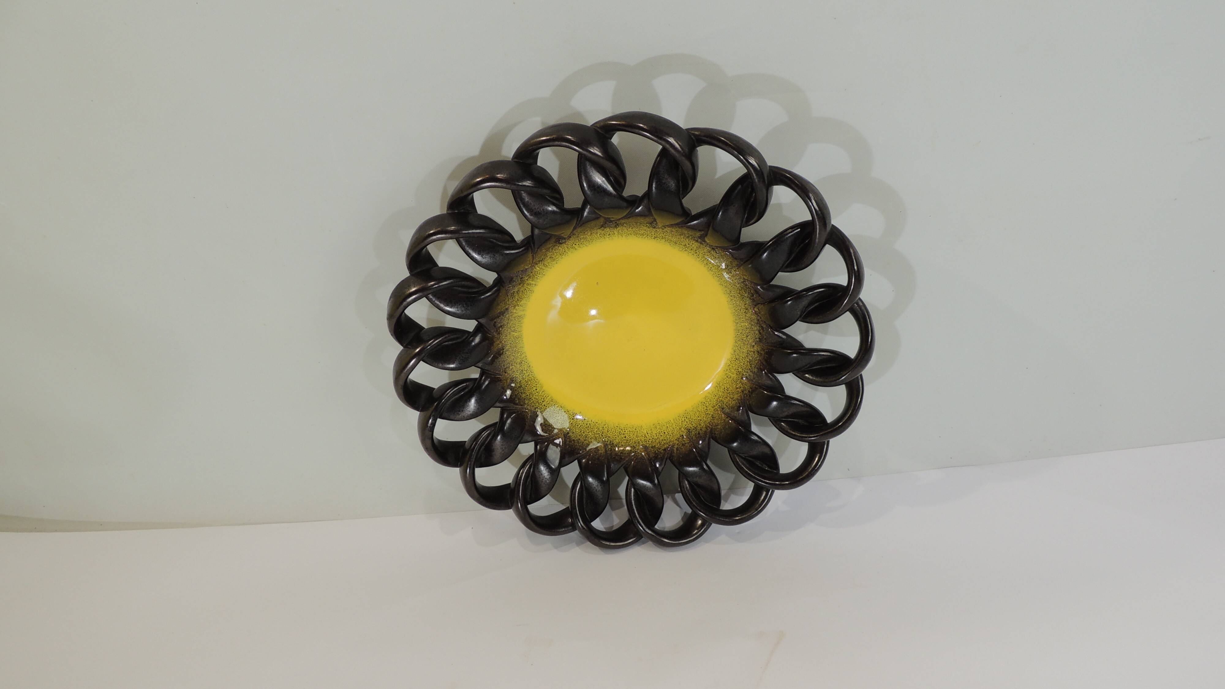 Iridescent brown and yellow braided ceramic cup/table center/Fruit bowl/Vallauris/Vintage