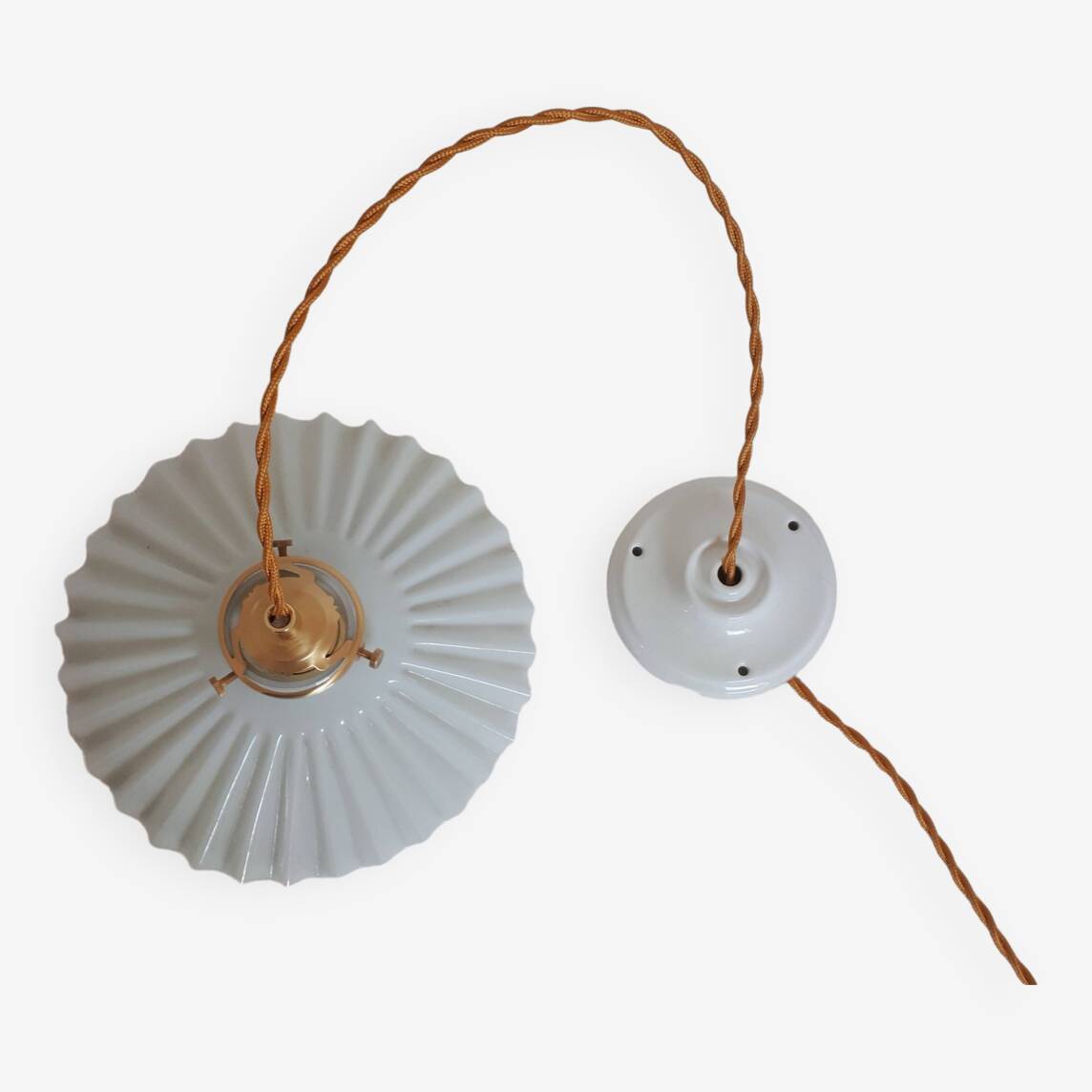 Vintage lampshade pendant light in striped embossed white opaline - circa 1940s